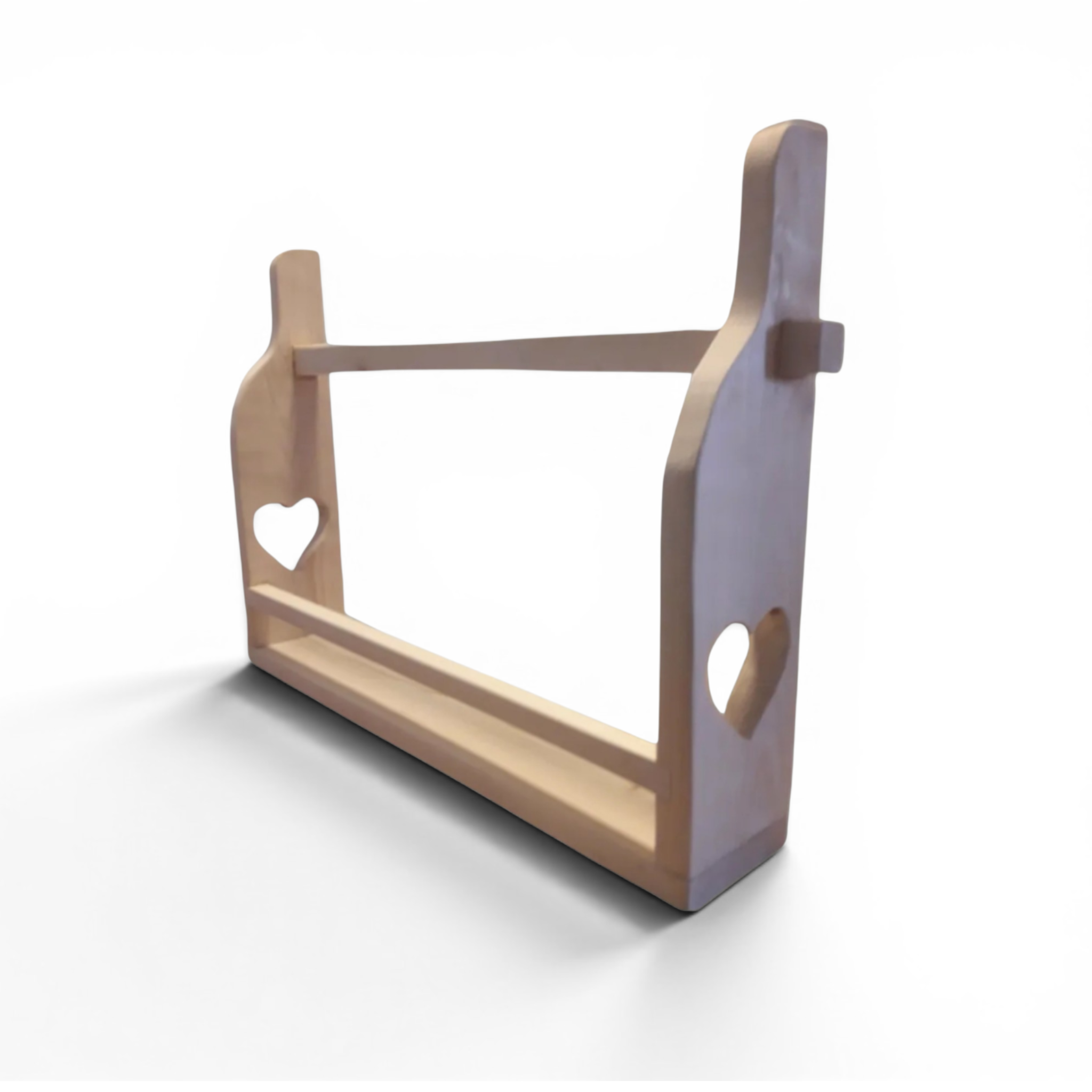Natural pine wine holder – simple shape, heart‑cut details.
