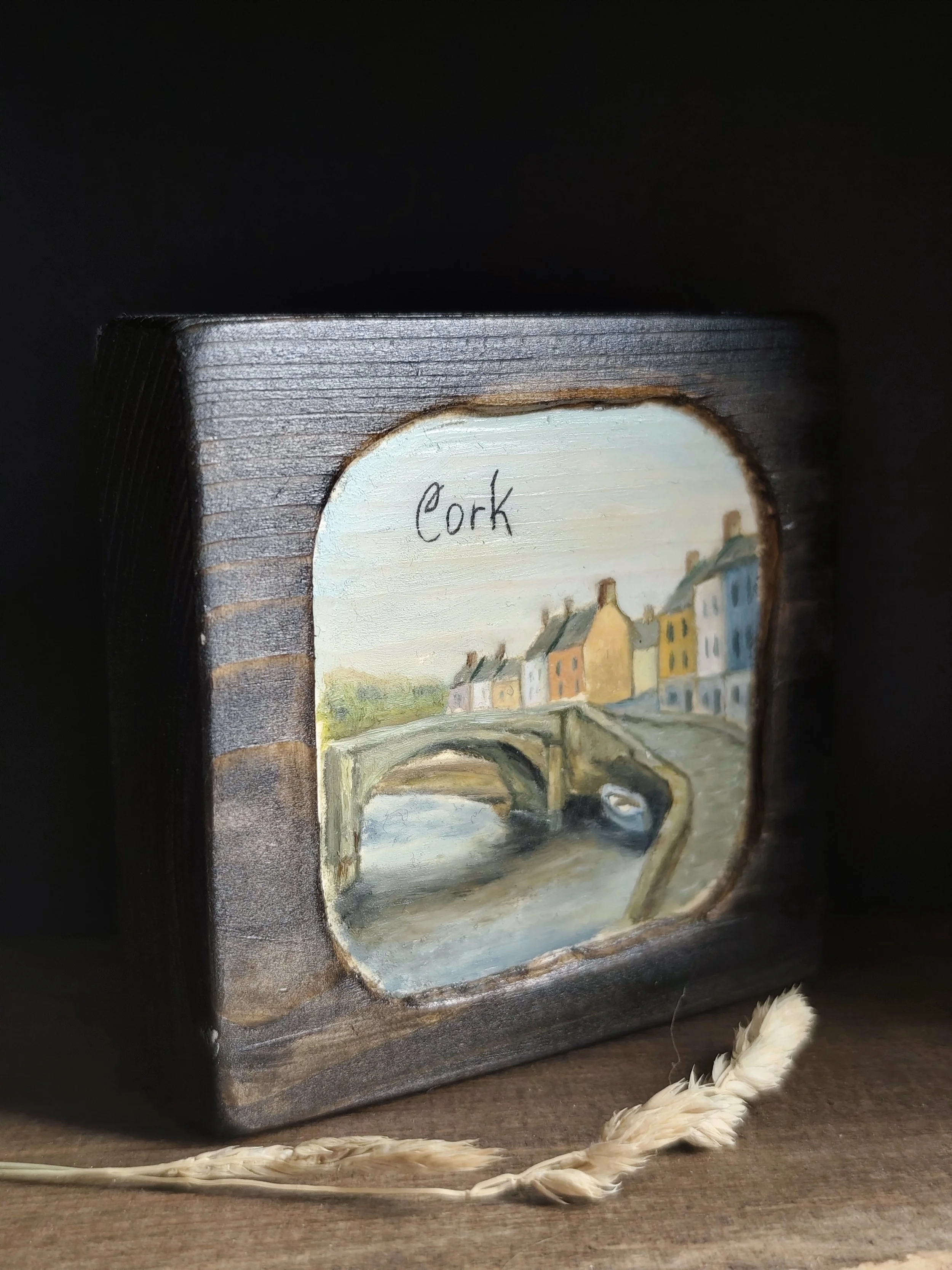 Cork – Hand‑painted Irish pine wood block (Riverside Bridge)