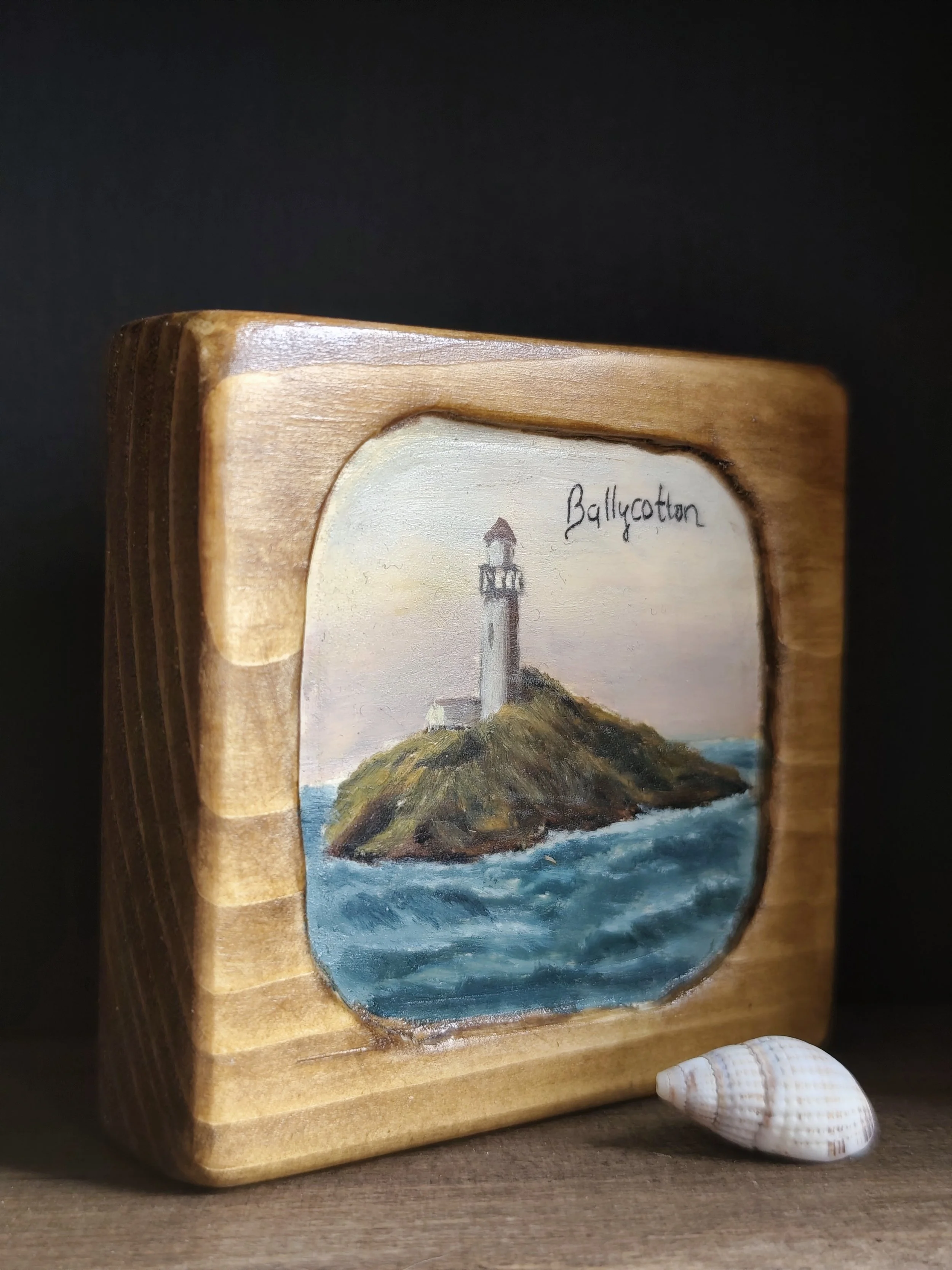 Ballycotton – Hand‑painted Irish pine wood block (Lighthouse View)