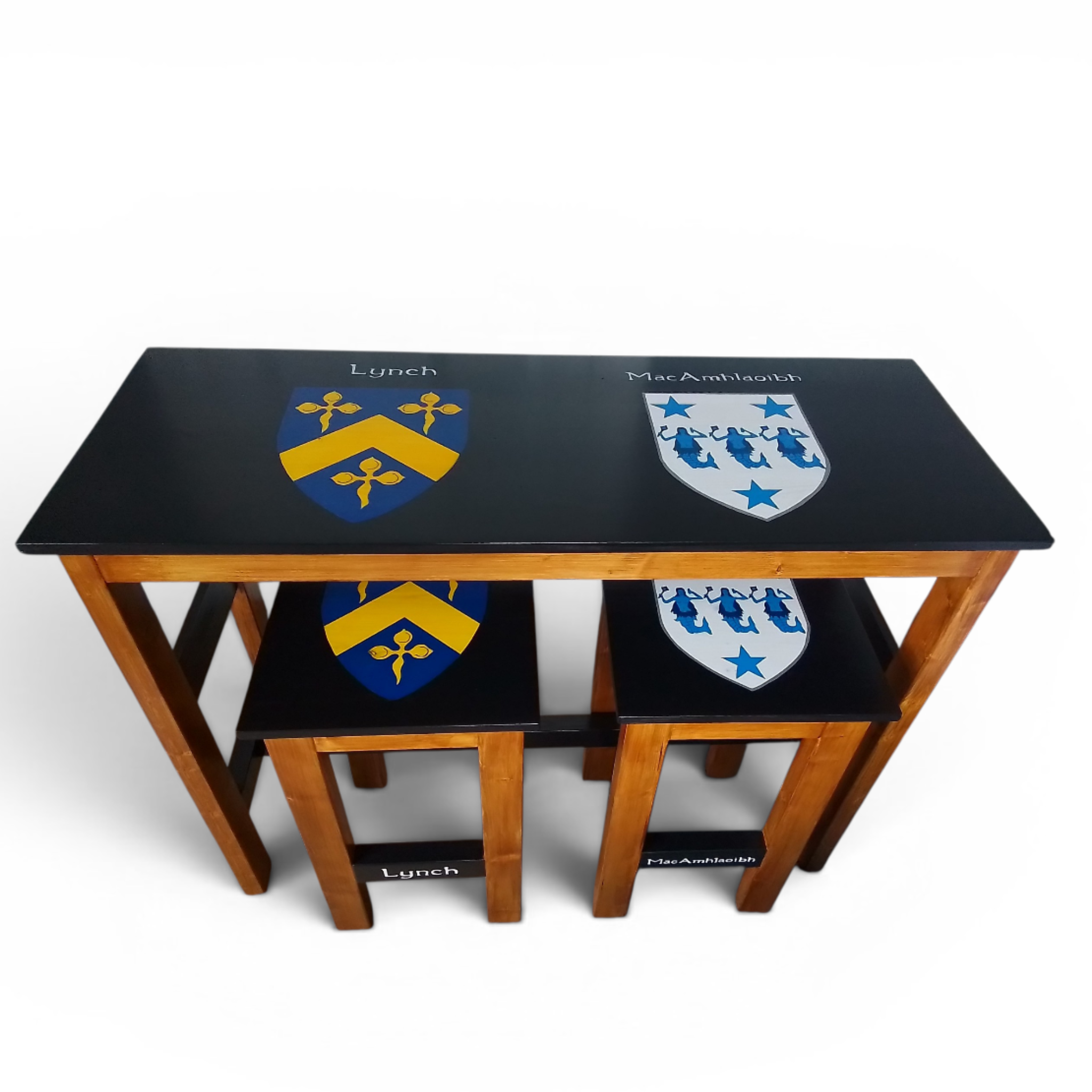 Family Crest bar table with stools – two Irish crests, vivid heraldic colors.