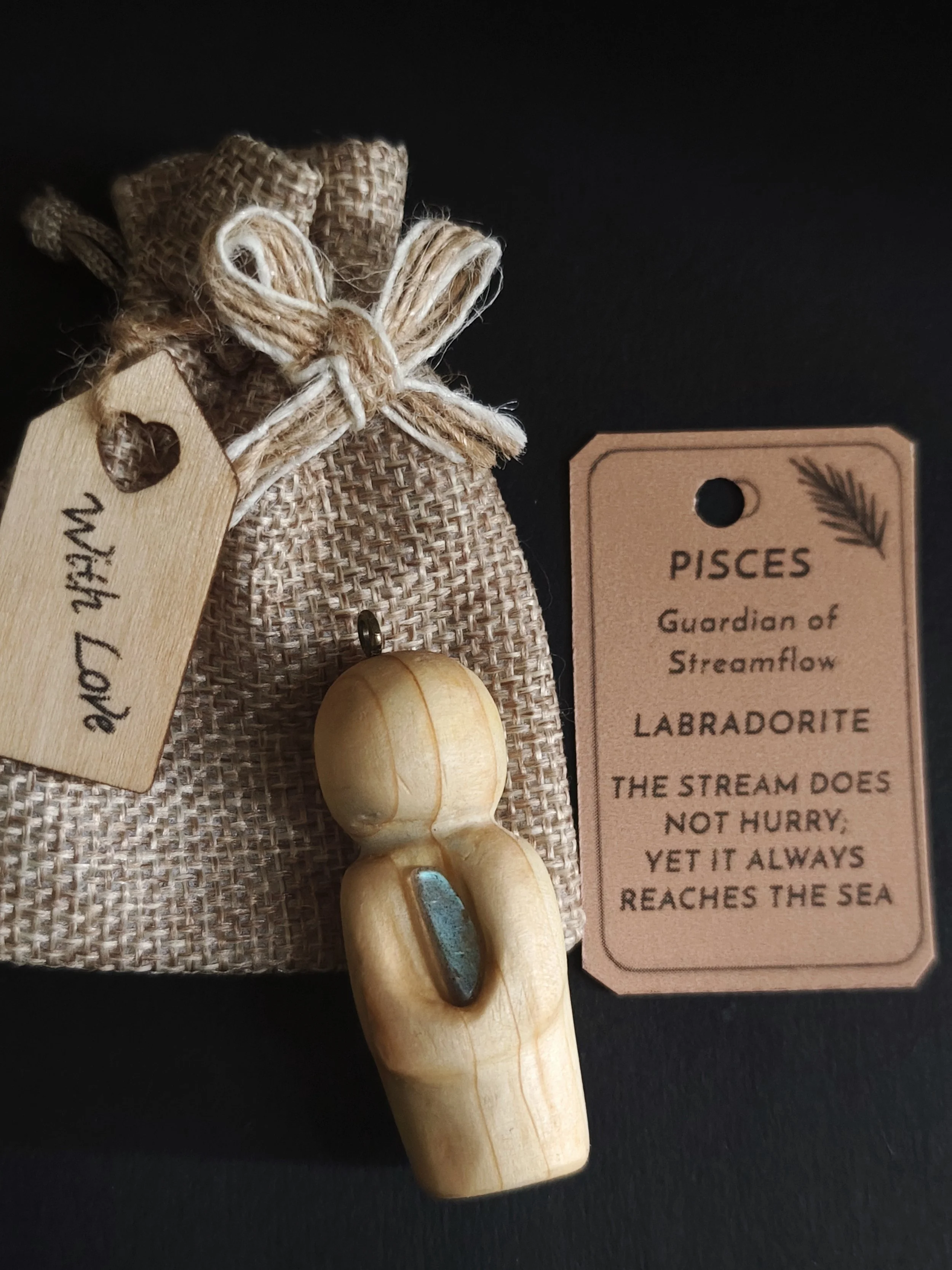 Pisces (Streamflow, labradorite)-  Hand‑carved Irish pine guardian