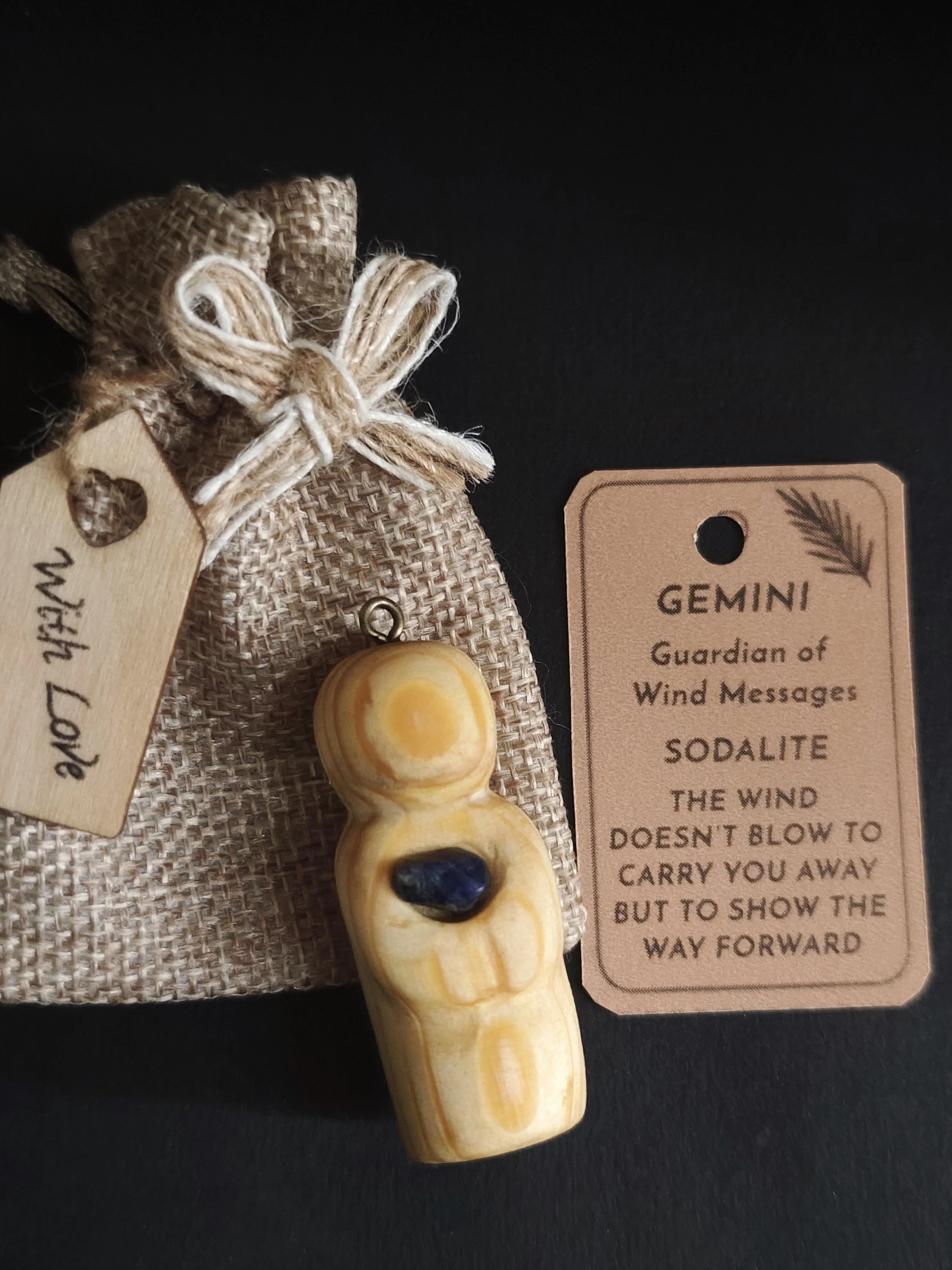 Gemini (Wind Messages, sodalite)-  Hand‑carved Irish pine guardian