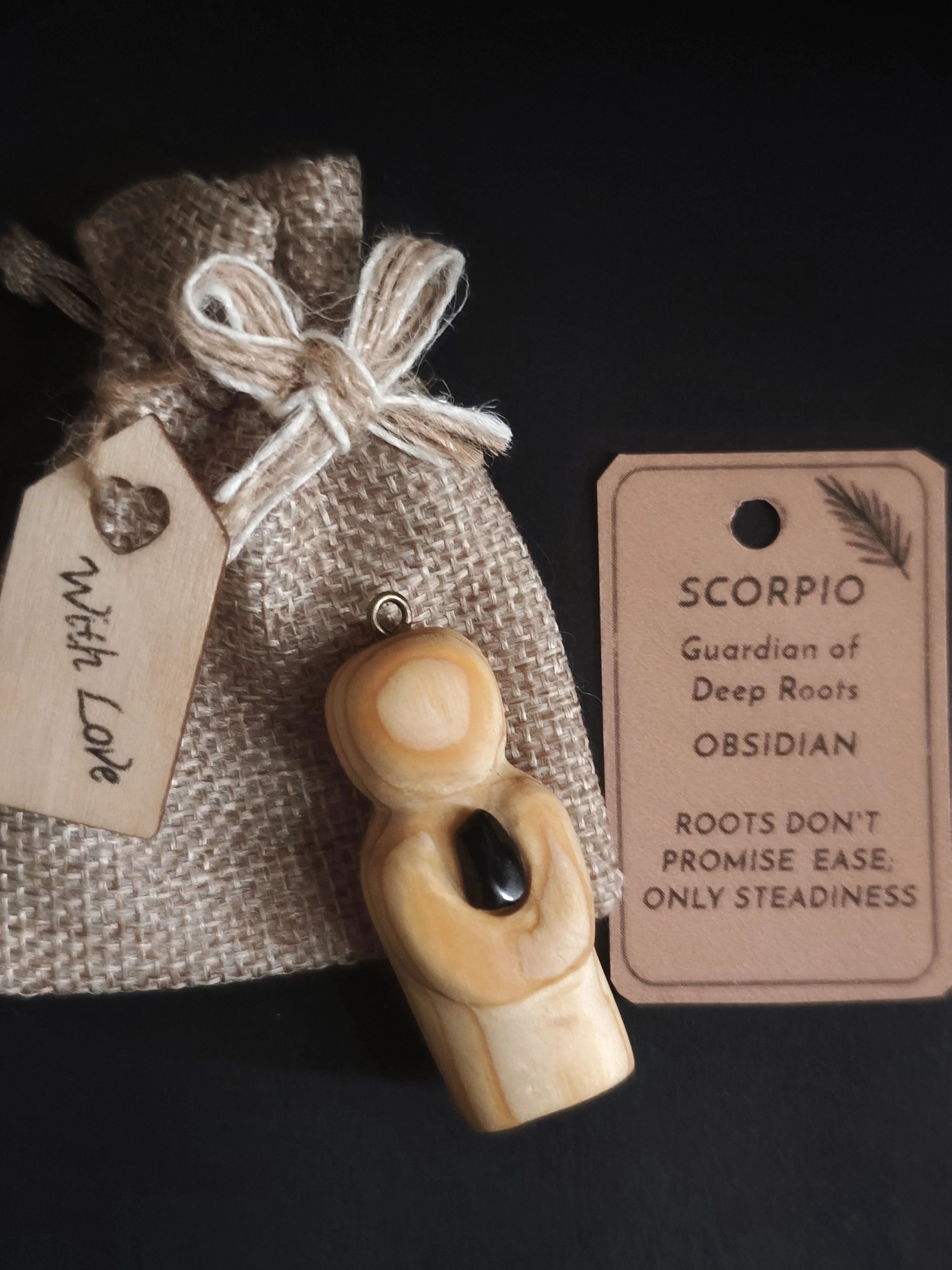 Scorpio (Deep Roots obsidian) - Hand Carved Irish Pine guardian
