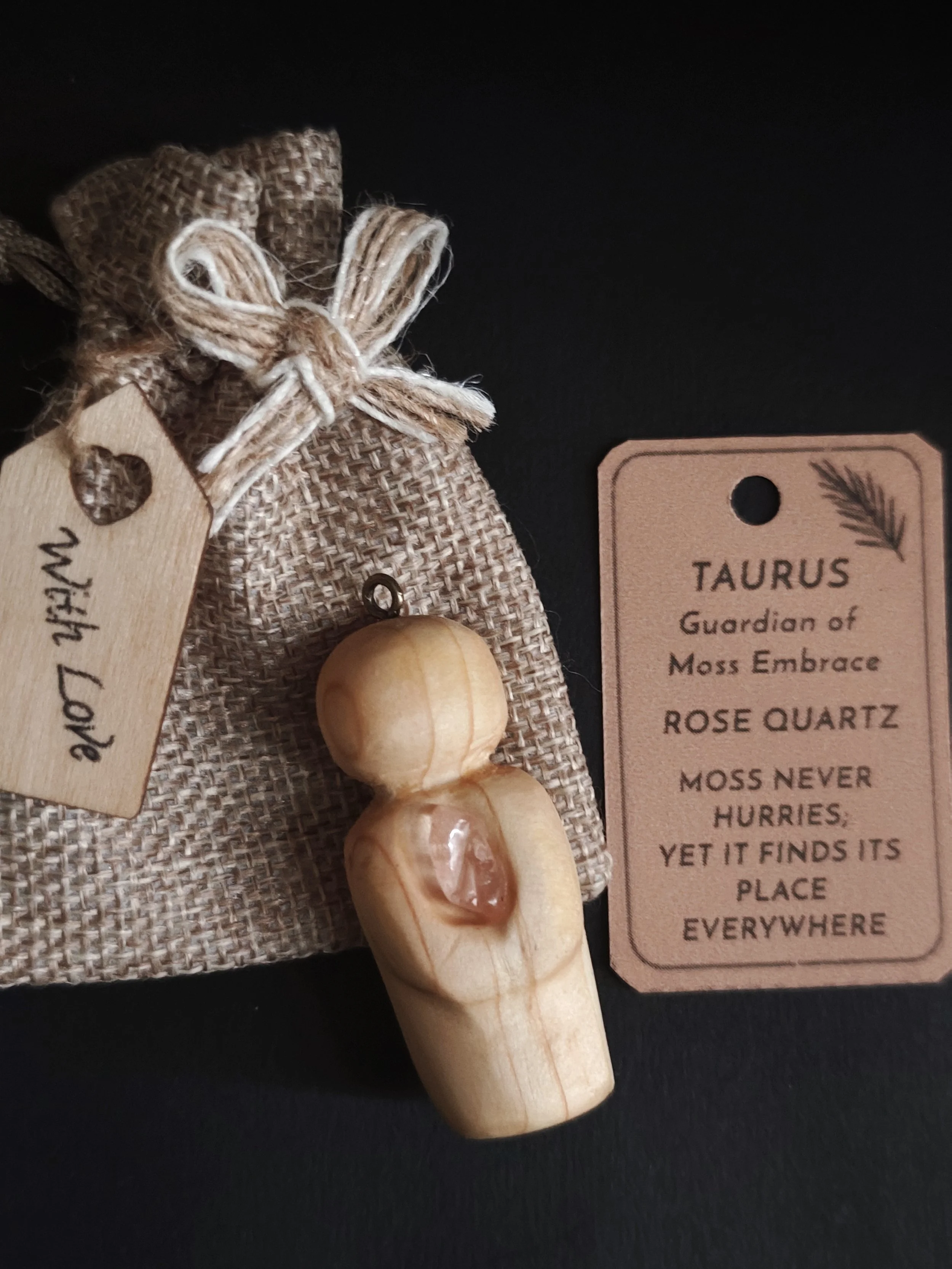 Taurus (Moss Embrace, rose quartz)-  Hand‑carved Irish pine guardian