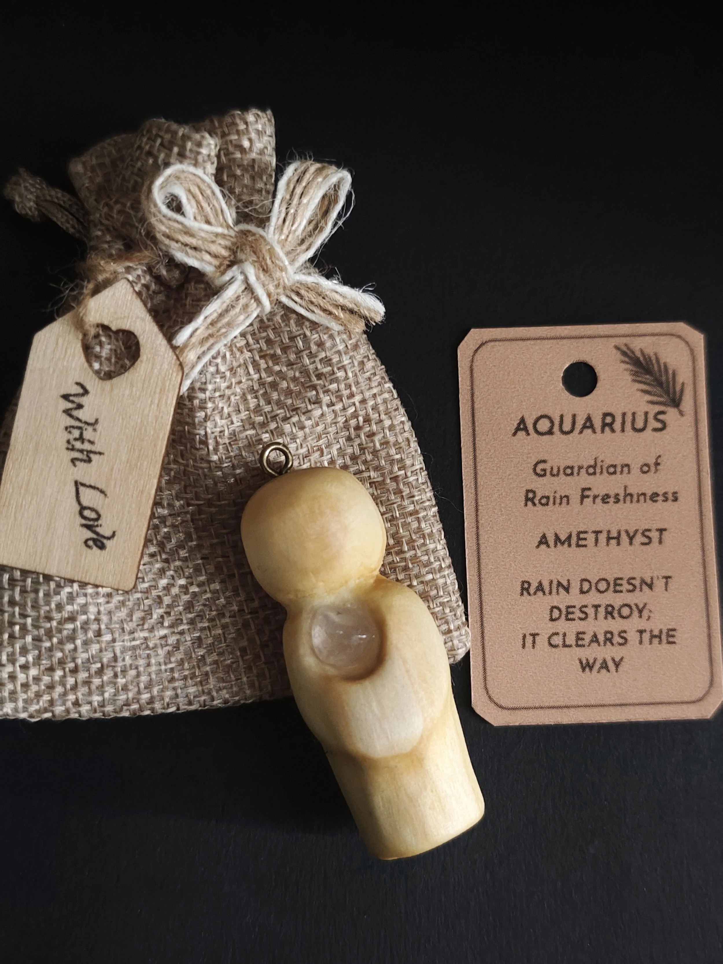 Aquarius  (Rain Freshness amethyst) – Hand‑carved Irish pine Guardian