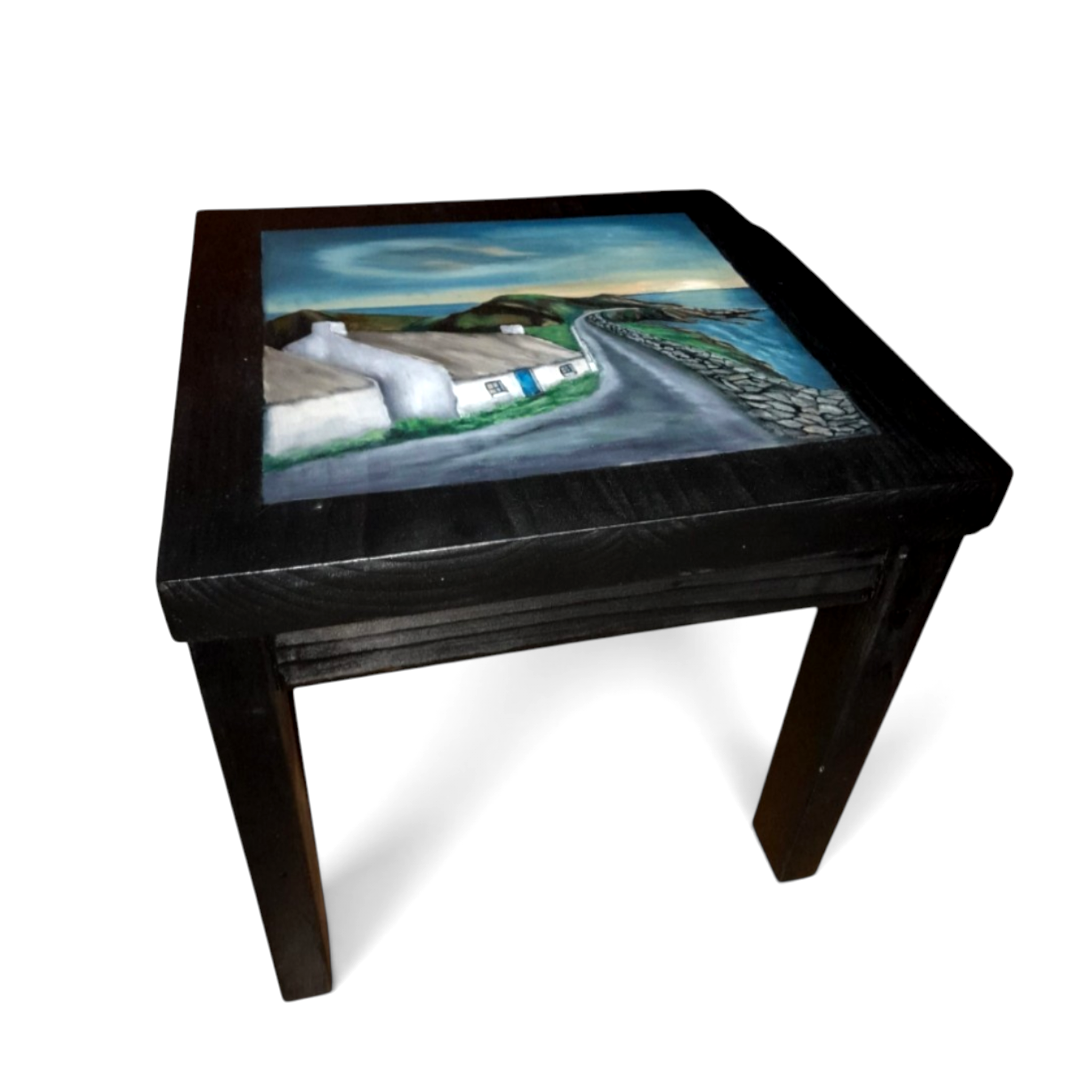 Coastal cottage side table – Irish cottage and shoreline oil painting.