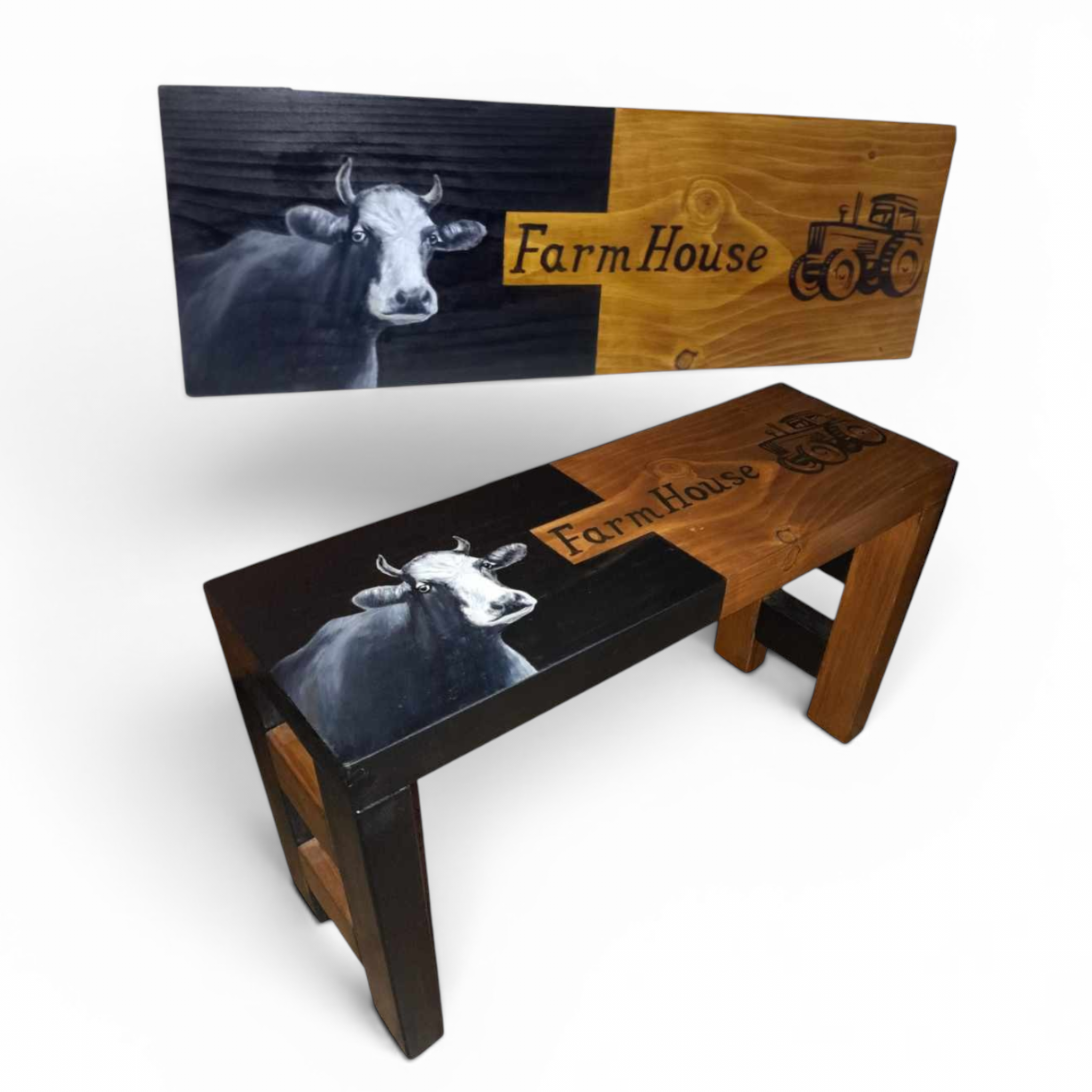 Farmhouse bench – cow and tractor artwork, rustic countryside feel.