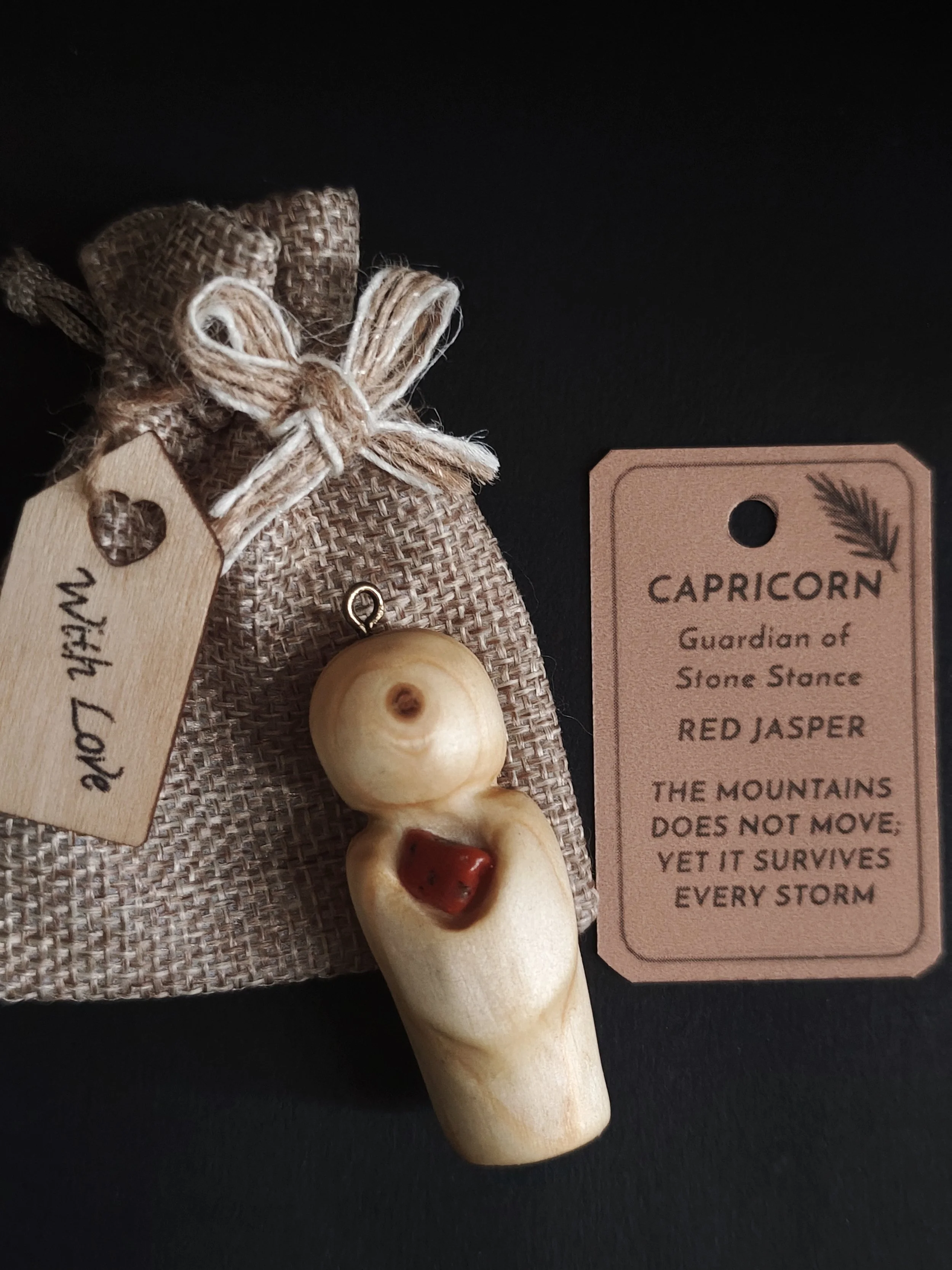 Capricorn  (red jasper) – Hand‑carved Irish pine Guardian