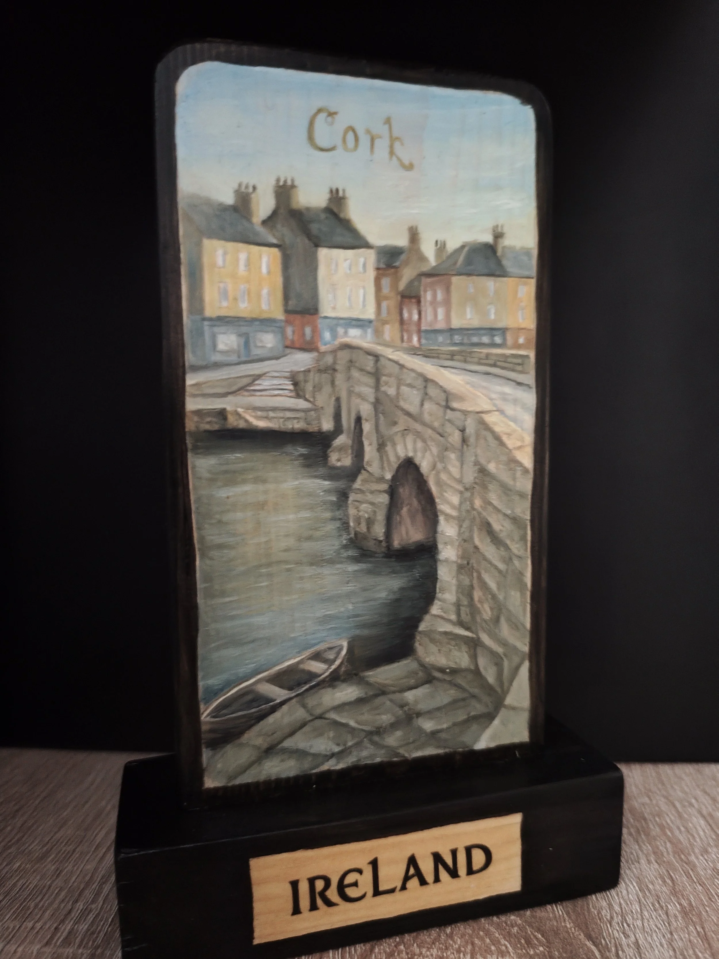Cork – Hand‑painted Irish pine wood plaque (River Bridge)