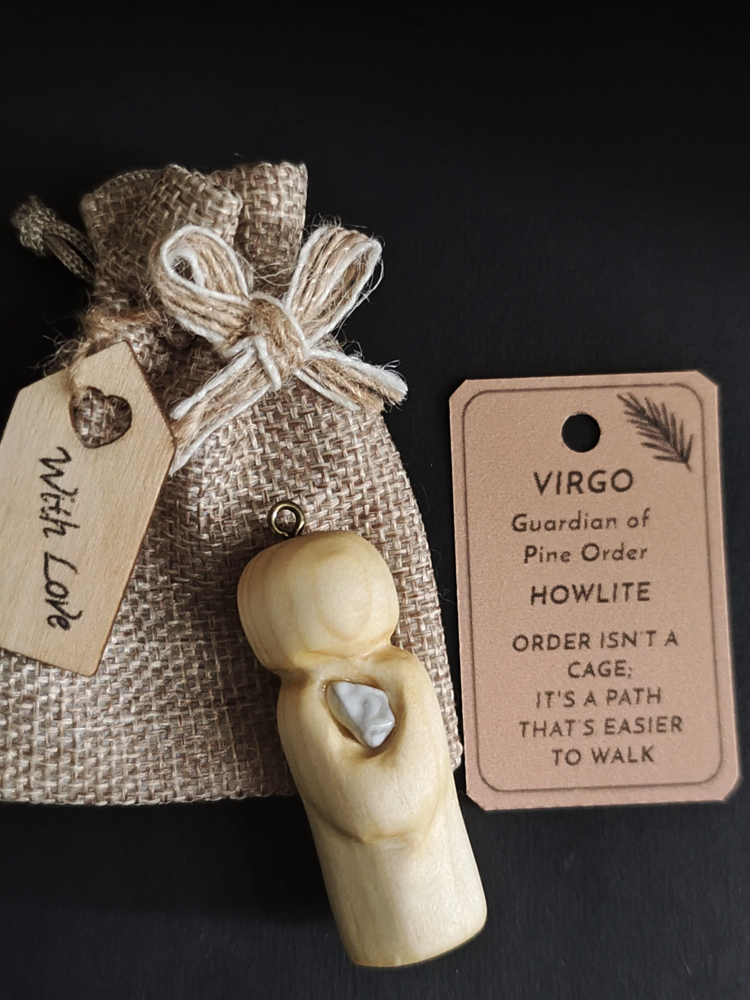 Virgo  (howlite) – Hand‑carved Irish pine Guardian