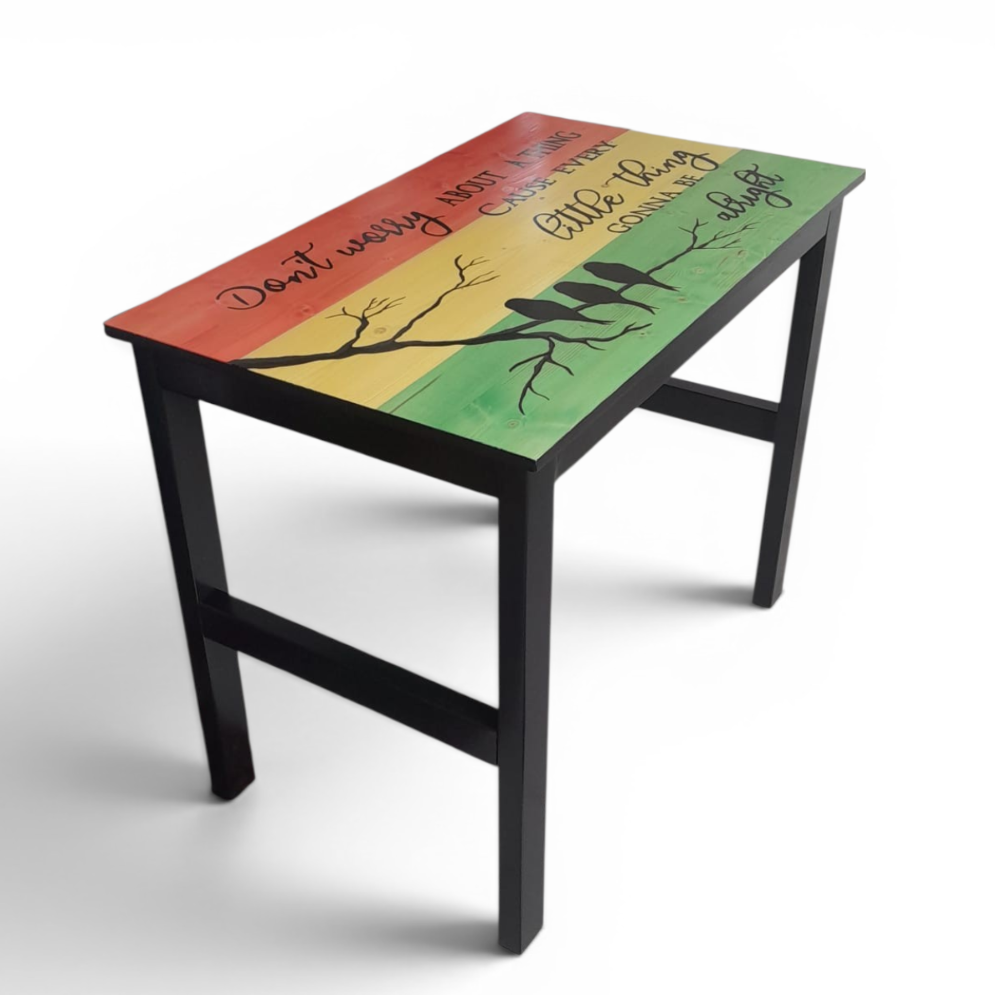 Bob Marley table – vibrant reggae colors and lyric design.