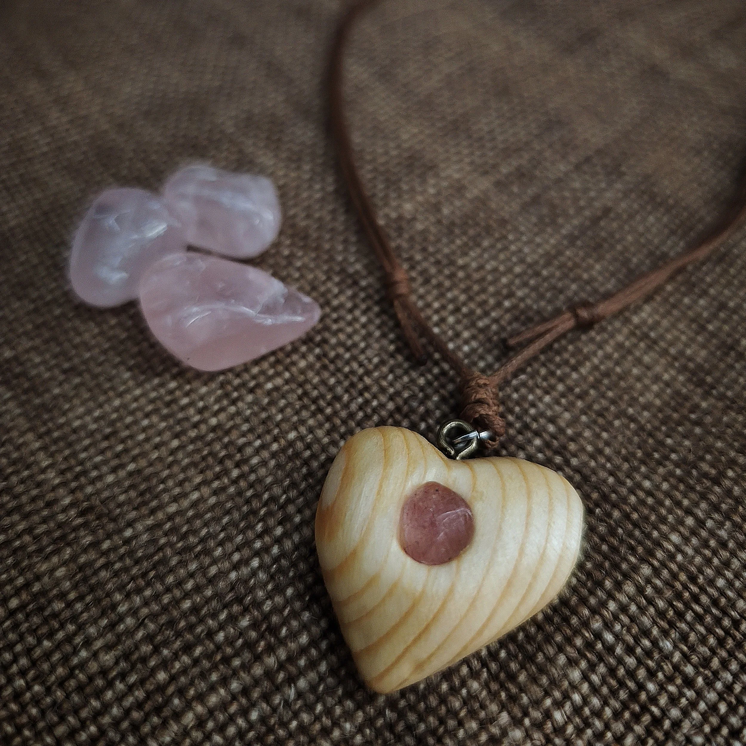 Heart of Dawn Pendant – hand‑carved pine pendant with rose quartz