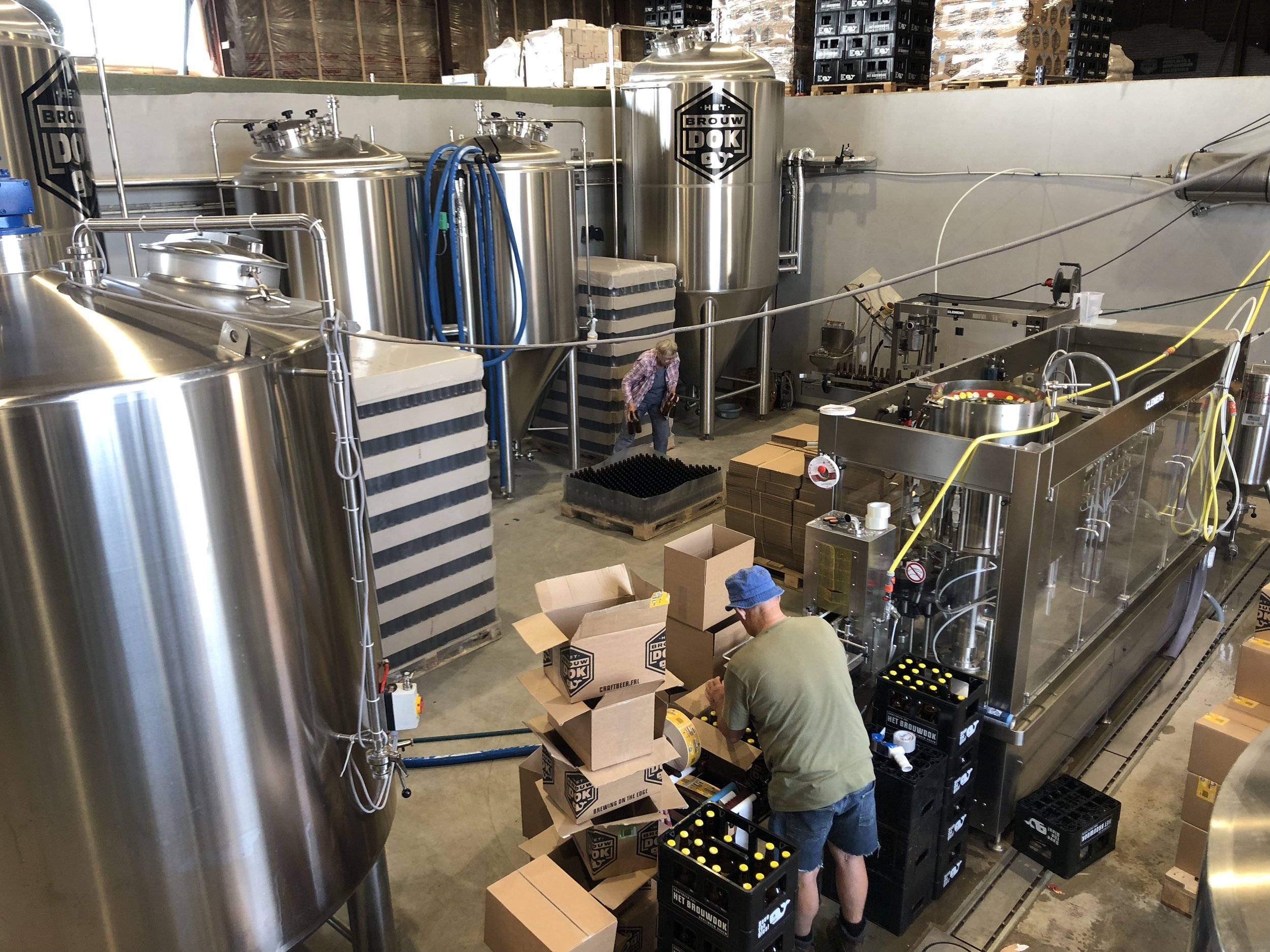 Mensen werken in een brouwerij. Ze maken pakkingen en samenwerken met grote industriële brouwketels en apparatuur.