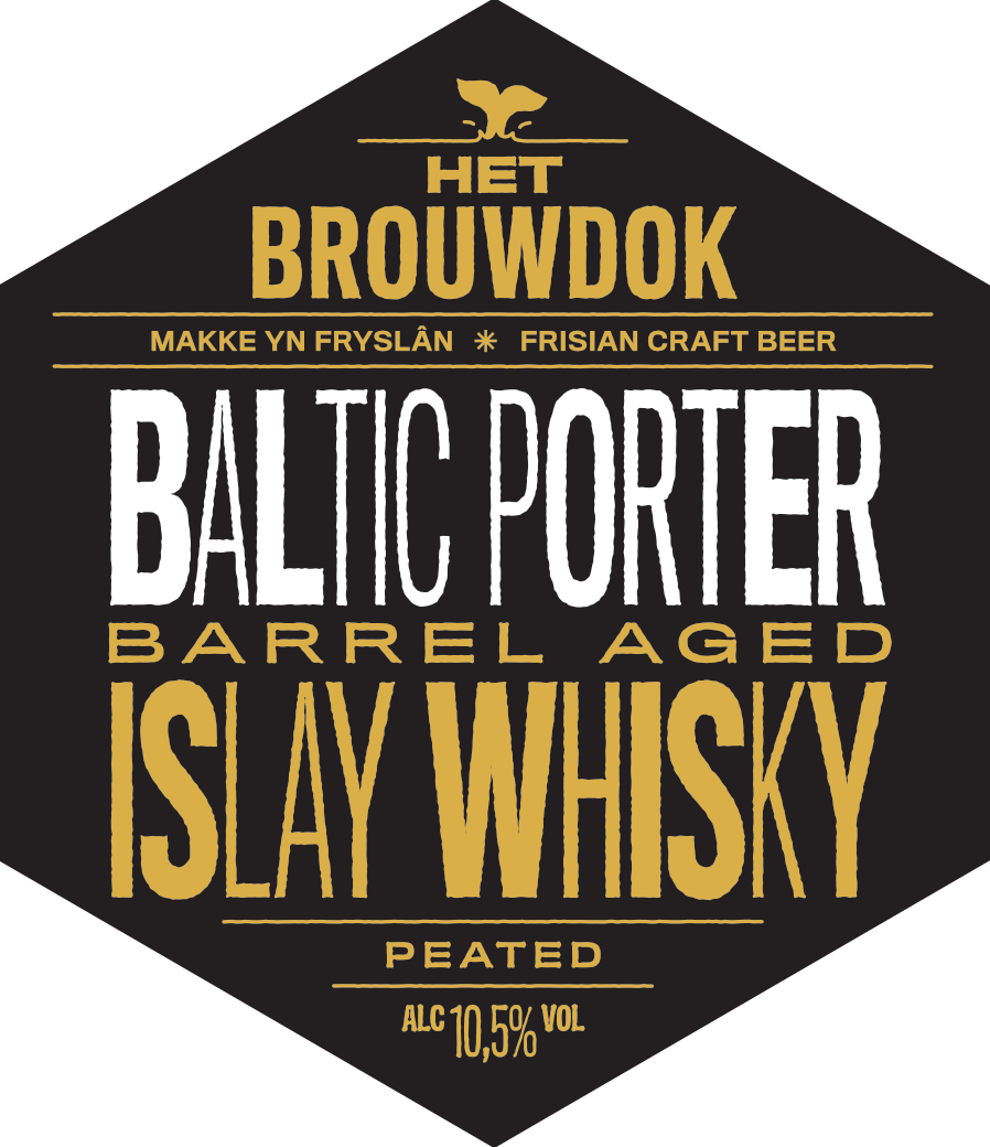 Label voor een drankje met de tekst 'Het BrouwDOK', 'Makke yn Fryske', 'Frisian Craft Beer', 'Baltic Porter', 'Barrel Aged', 'Islay Whisky', 'Peated', 10,5% alcohol