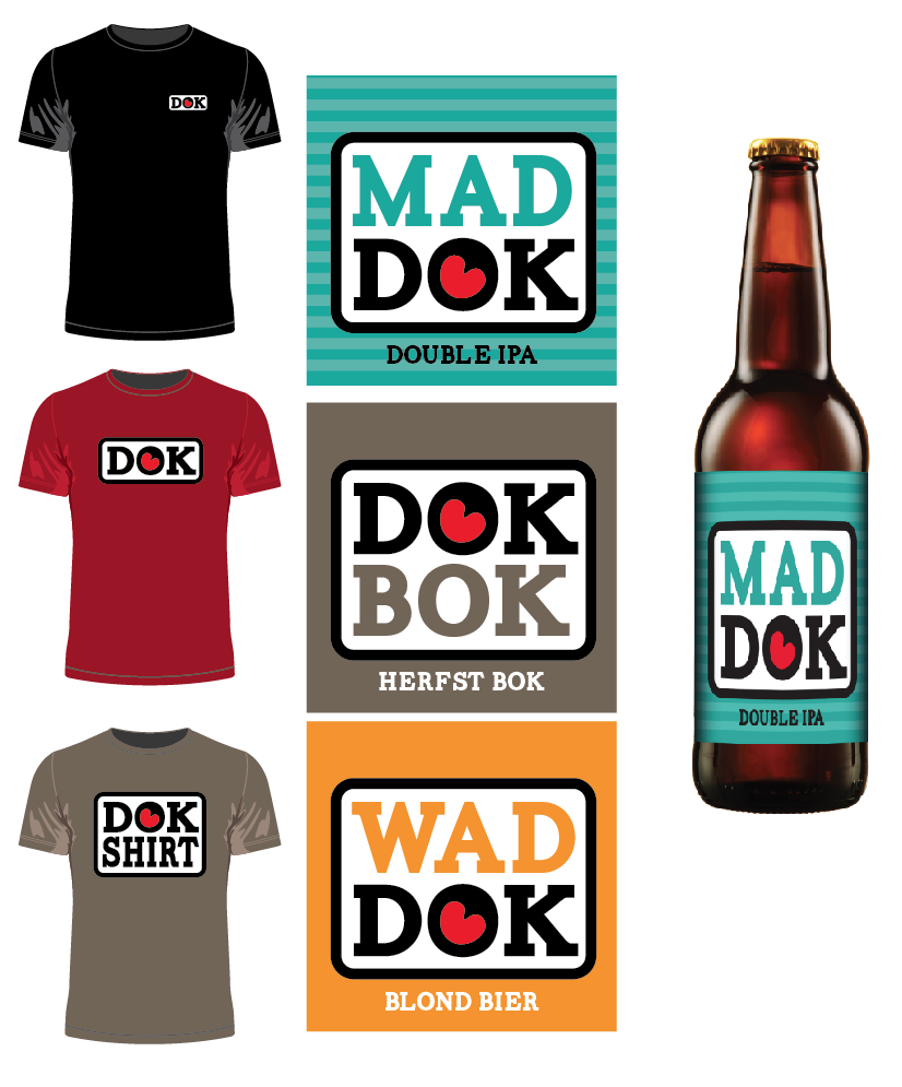 Een collectie van kleding en een fles met labels voor verschillende soorten bier. De kleding bestaat uit een zwart T-shirt, een rood T-shirt en een grijs T-shirt, allemaal met een DOK logo. Daarnaast zijn er drie biertjes met bijpassende labels: een 