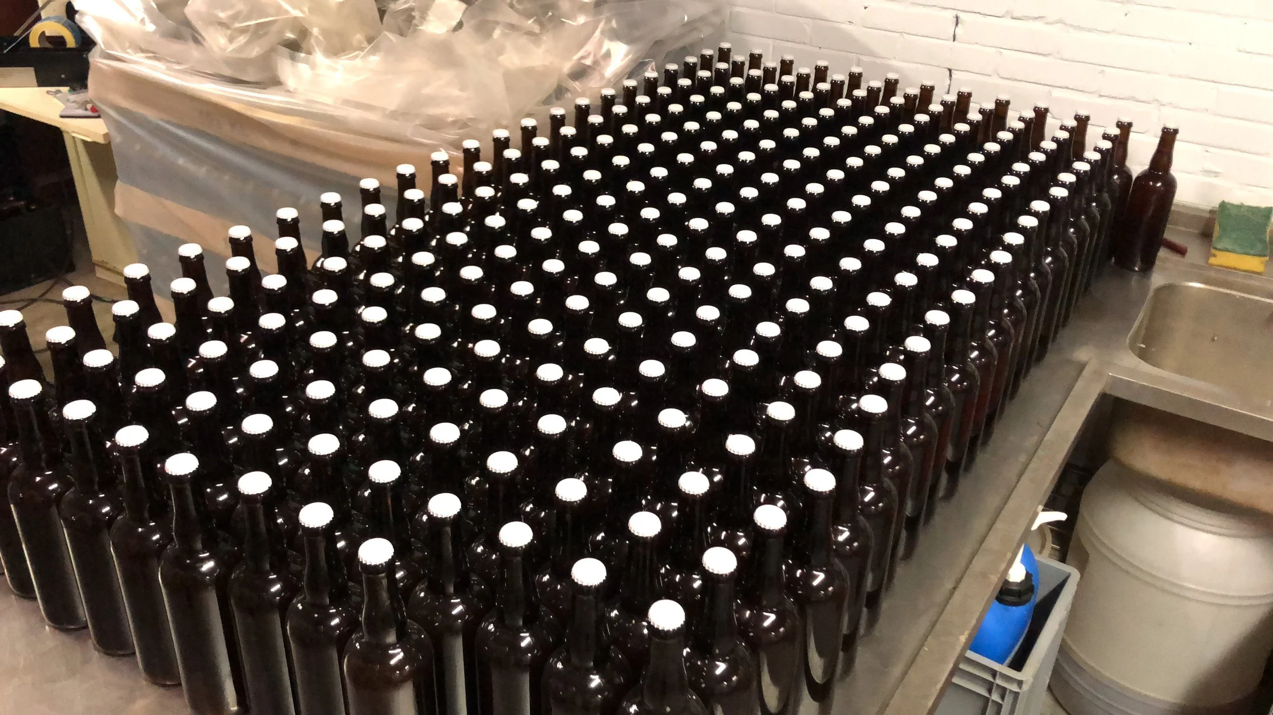 Rijen met lege bierflesjes in een brouwerij of bottellab. 