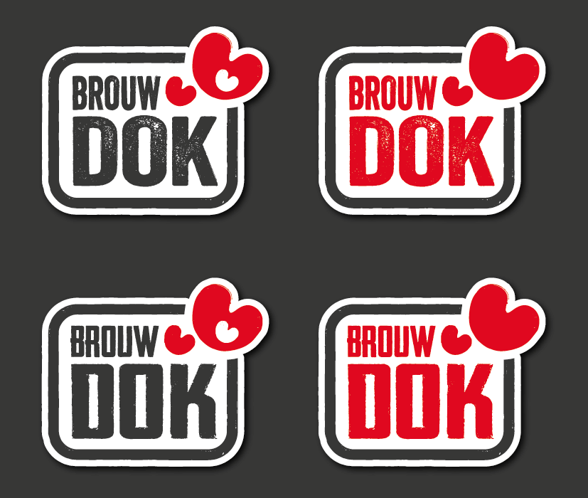 Vier logo's van 'Brouw DOK' met rode en zwarte tekst en hart-illustraties, twee met rode tekst, twee met zwarte tekst, op een donkere achtergrond.