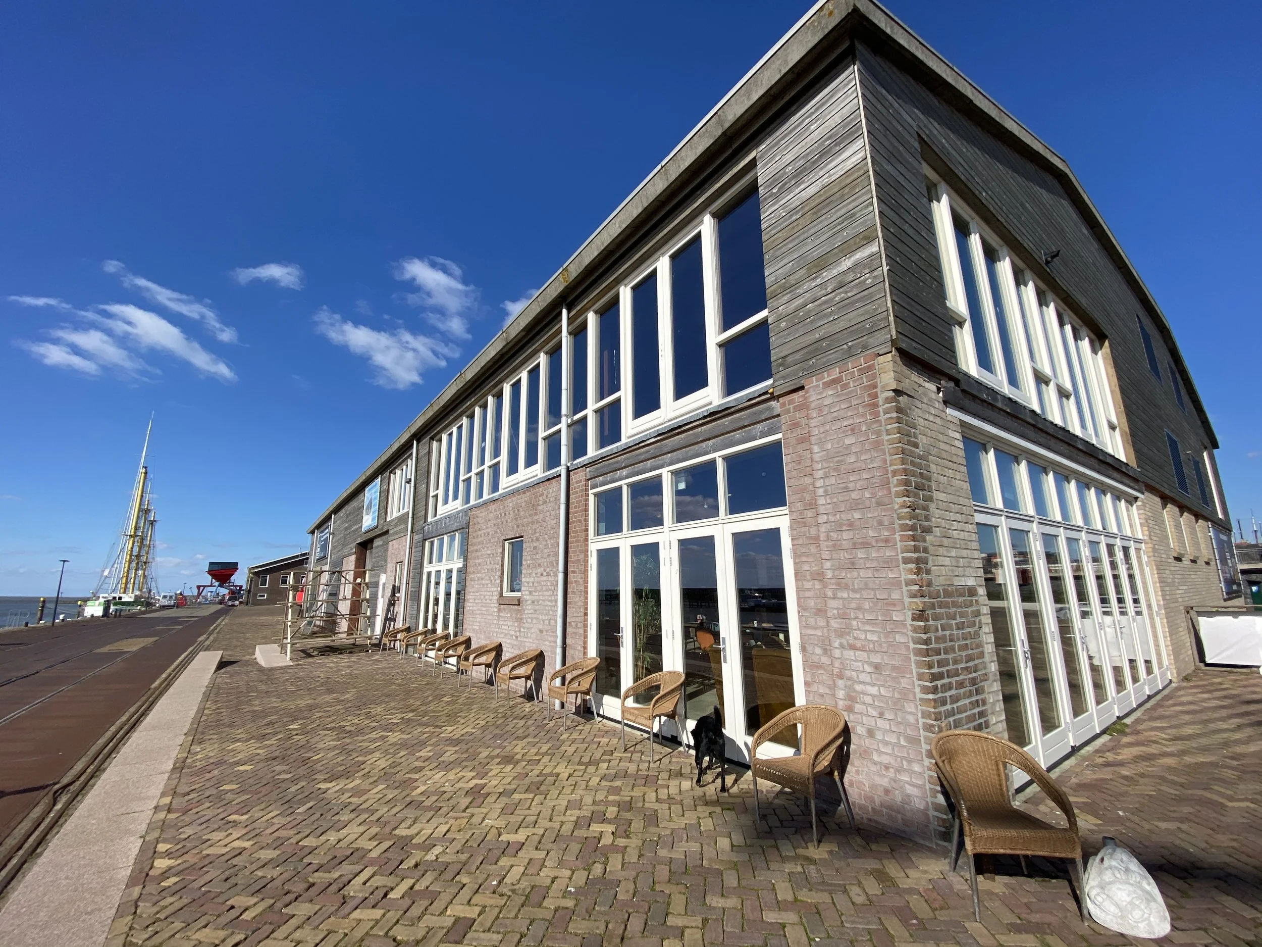Een modern gebouw met veel ramen en een gevel van hout en baksteen. Er staan buitenstoelen langs de kade en er is een hond te zien.