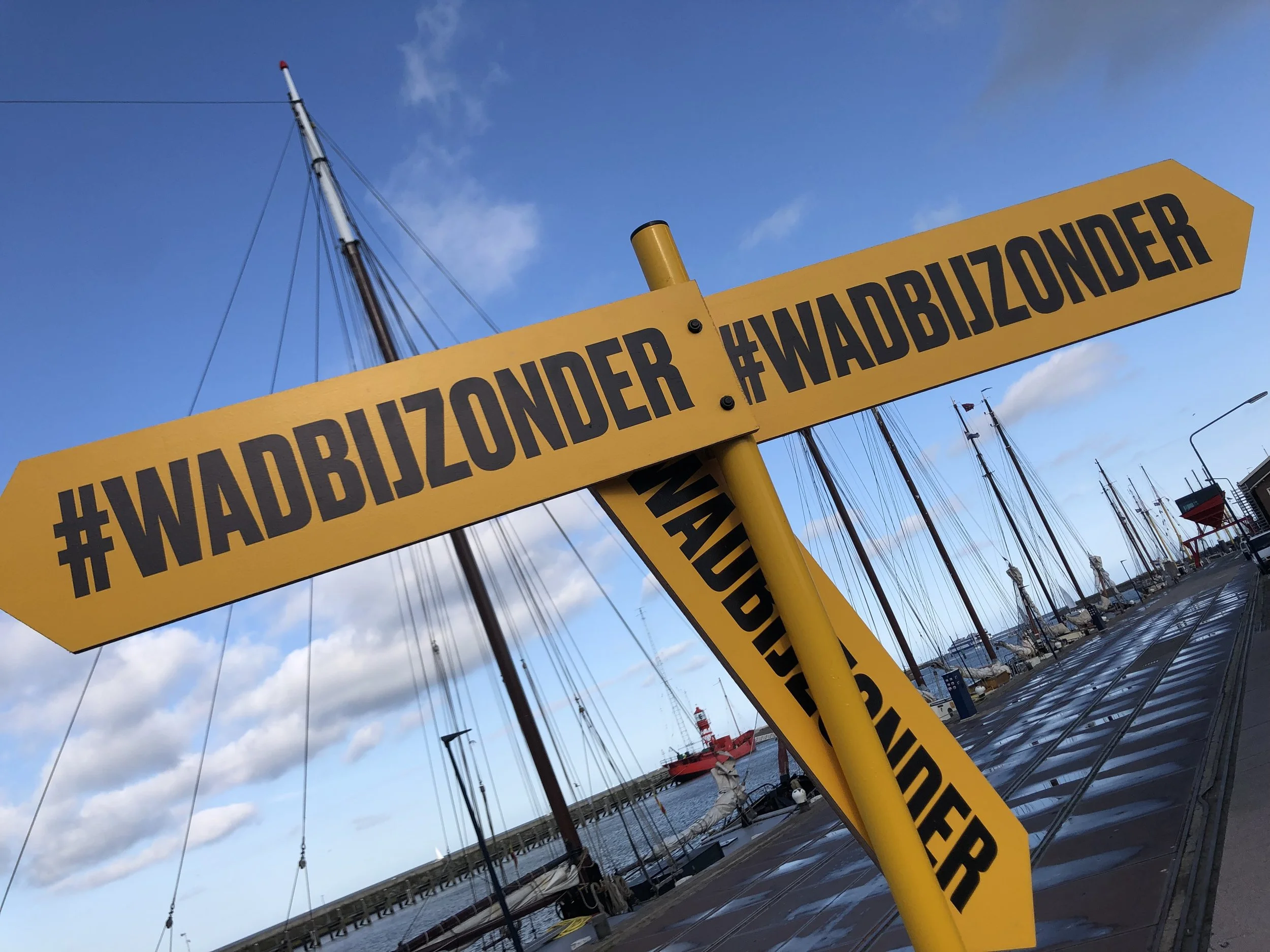 Geel waarschuwingsbord met #WADDENFILTER en tekst, staan langs de kade met sailboats en een haven op de achtergrond, onder een bewolkte blauwe hemel.