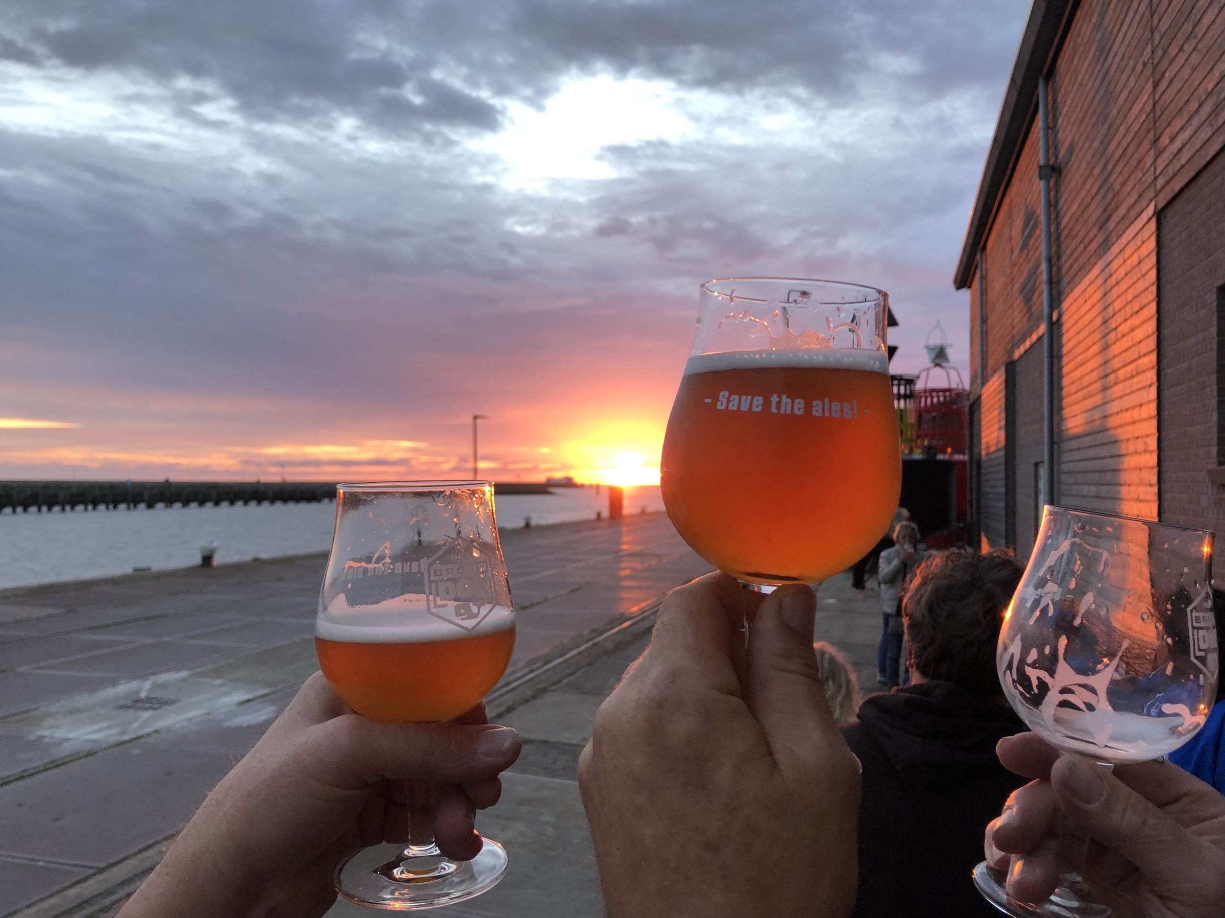 Mensen houden glazen met bier omhoog tijdens zonsondergang aan het water, met een donkere hemel en een gebouw aan de rechterkant.