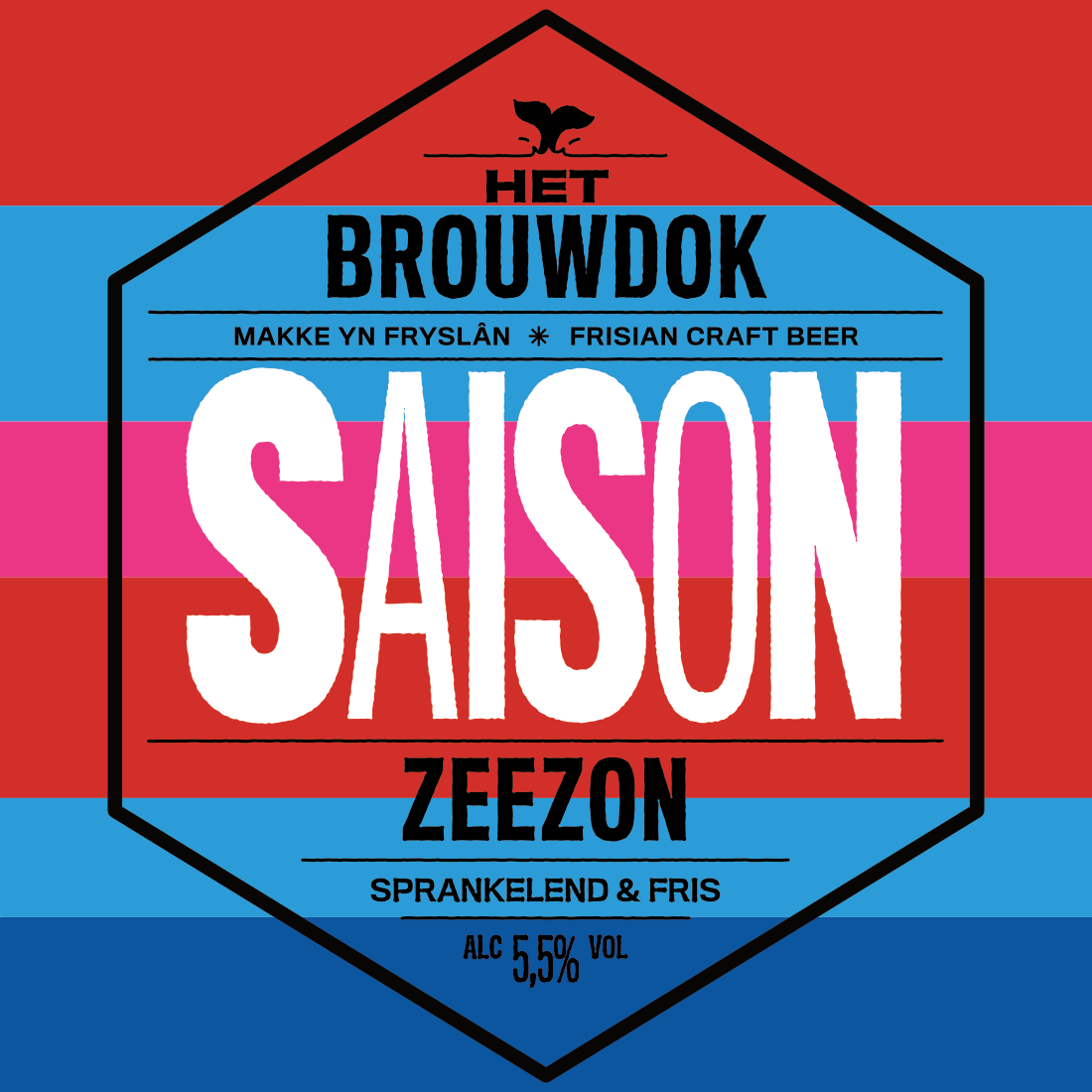 Et kleurrijk etiket voor een craft bier met de naam 'Het Brouwdok'. Het label heeft horizontale strepen in rood, blauw en roze. Op de top een afbeelding van een vleugel of bloem. De tekst vermeldt dat het bier het seizoen 'Saison' is, met een alcoholgehalte van 5,5%.