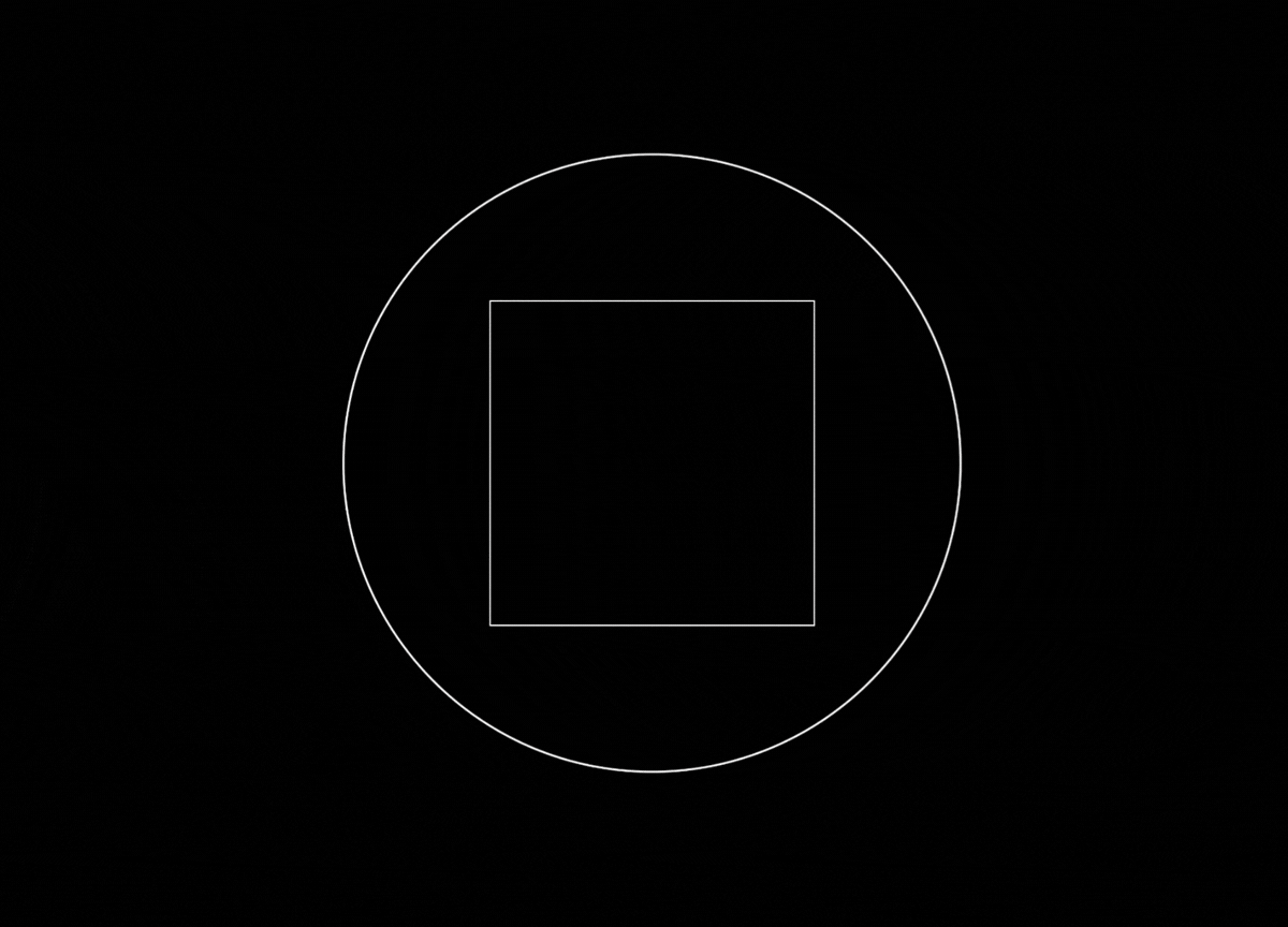 Dark background with a white outline of a small circle surrounding a square in the center.