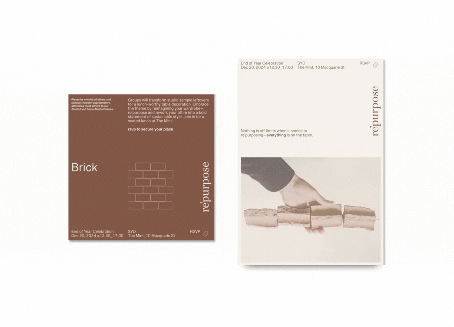 Two event invitation cards, one featuring a brick wall illustration with the word 'Brick' and the other with a photo of a hand placing a brick, supporting an end of year celebration event at The Mint in Sydney on December 20, 2024.