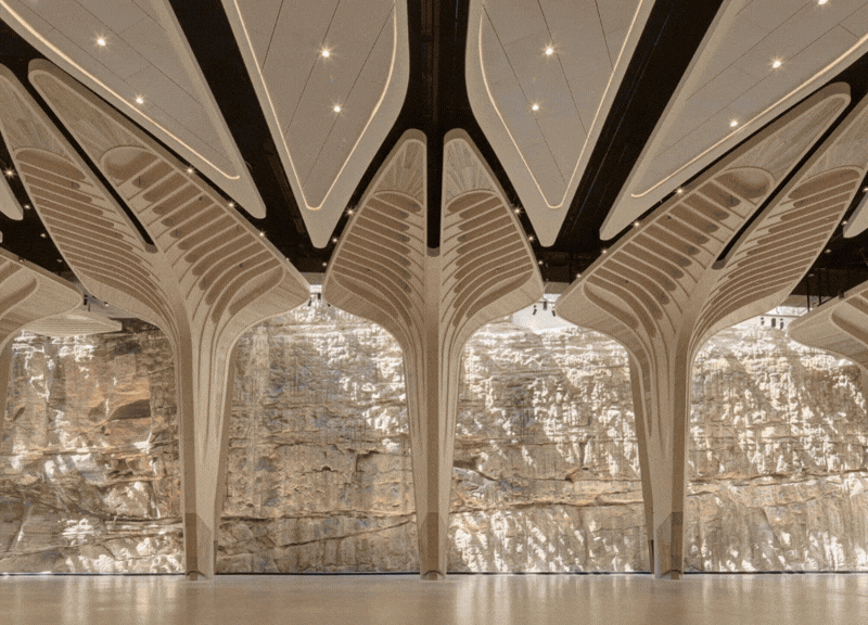 Interior view of a modern building with unique white architectural supports resembling tree trunks, set against a rocky cliff background.