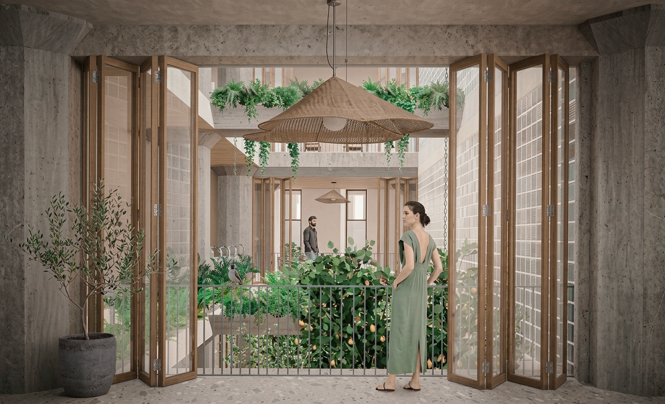 Interior view of a modern building with a balcony garden. There are large wooden-framed windows and a woman in a green dress looking out over the garden, with a man in the background.