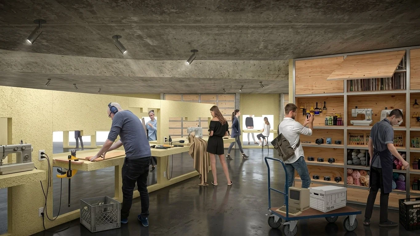 People working and shopping in a modern retail store with woodworking and craft supplies.