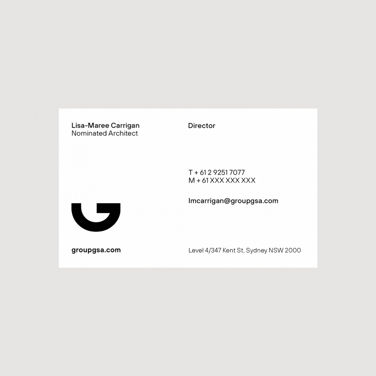 Business card for Lisa-Maree Carrigan, nominated architect and director, includes contact information, and the company logo for groupgsa.com with address at Level 4/347 Kent St, Sydney, NSW 2000.