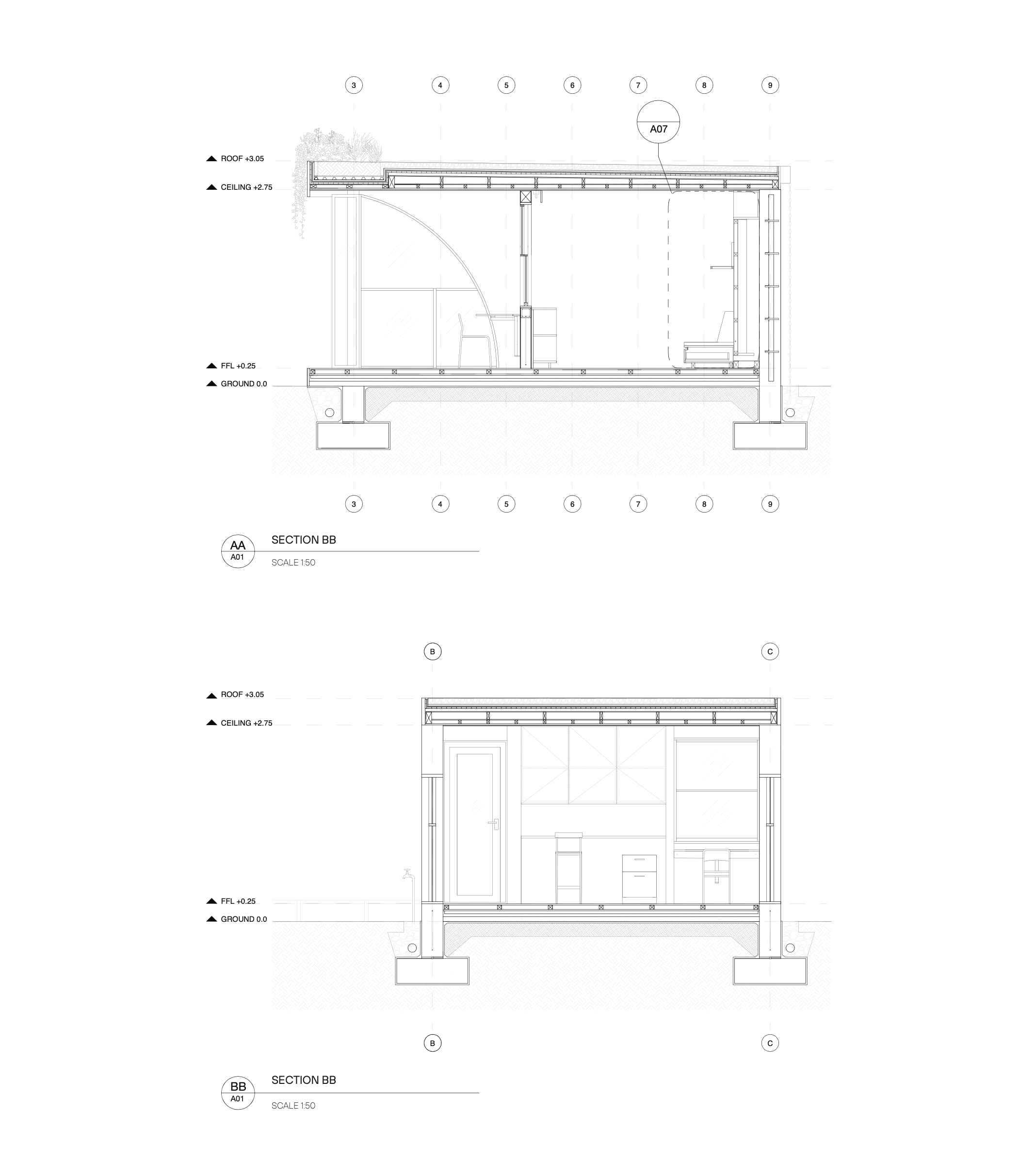 Architectural blueprint of a building's section showing structural details, roof height at 3.05 meters, ceiling at 2.75 meters, and ground level at 0.0 meters, with various labeled grid lines and annotations.
