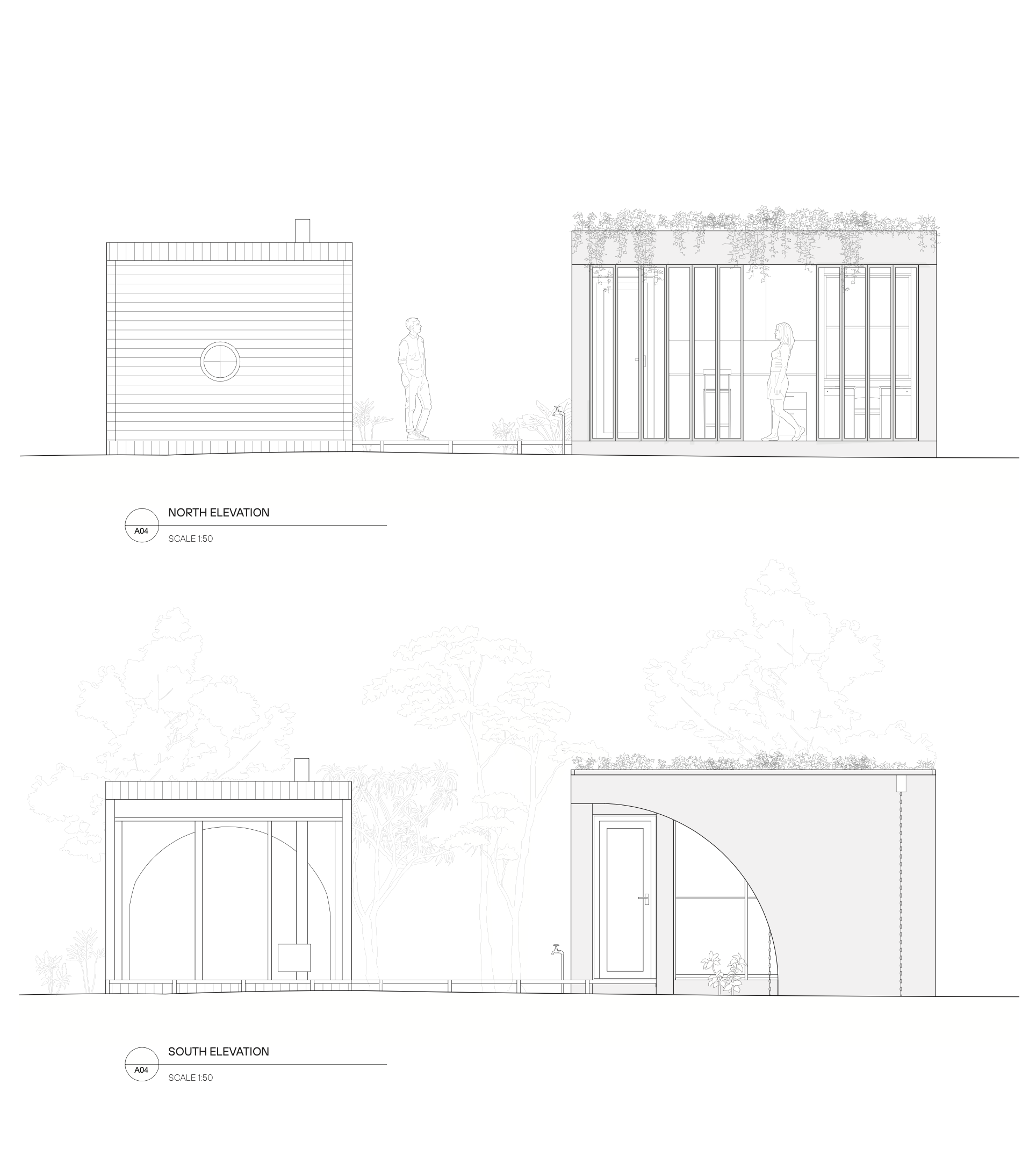 Architectural blueprint showing north and south elevation views of a modern building, with trees and human figures for scale.