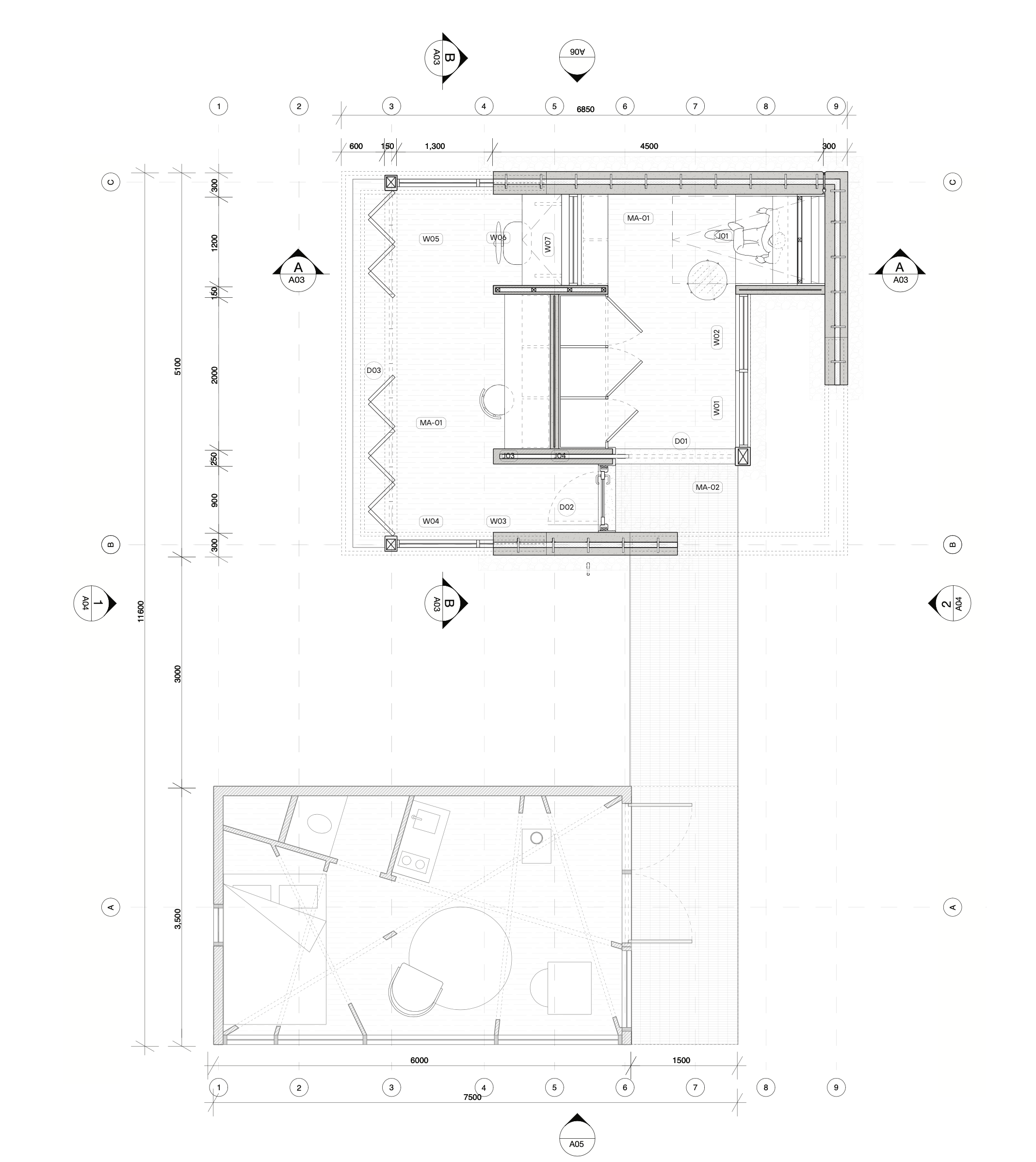 Architectural floor plan of a building's layout, displaying rooms, walls, doors, windows, and measurements, with symbols indicating structural details.