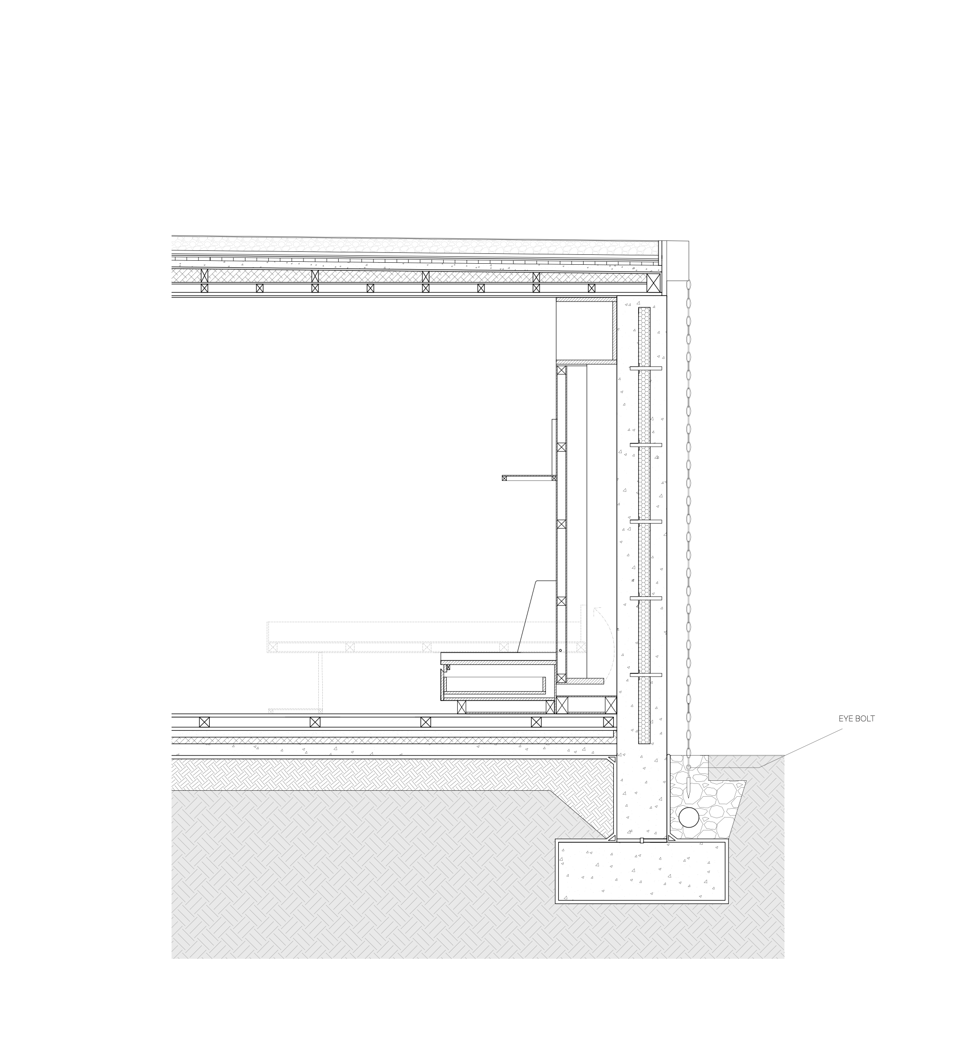Architectural floor plan showing structural elements, interior spaces, and exterior surface patterns, with labeled details such as 'EYE BOLT'.