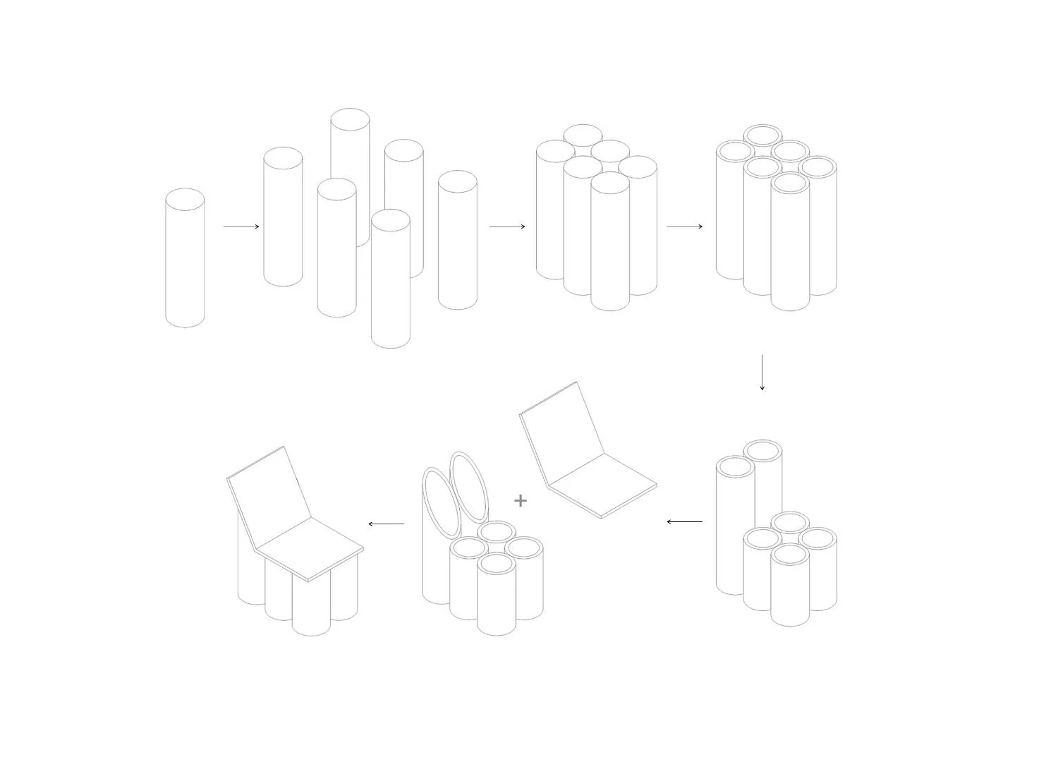 Line drawing showing the assembly process of furniture made from cylindrical components, with stages including isolating components, joining them, and attaching a chair and a hinged lid.