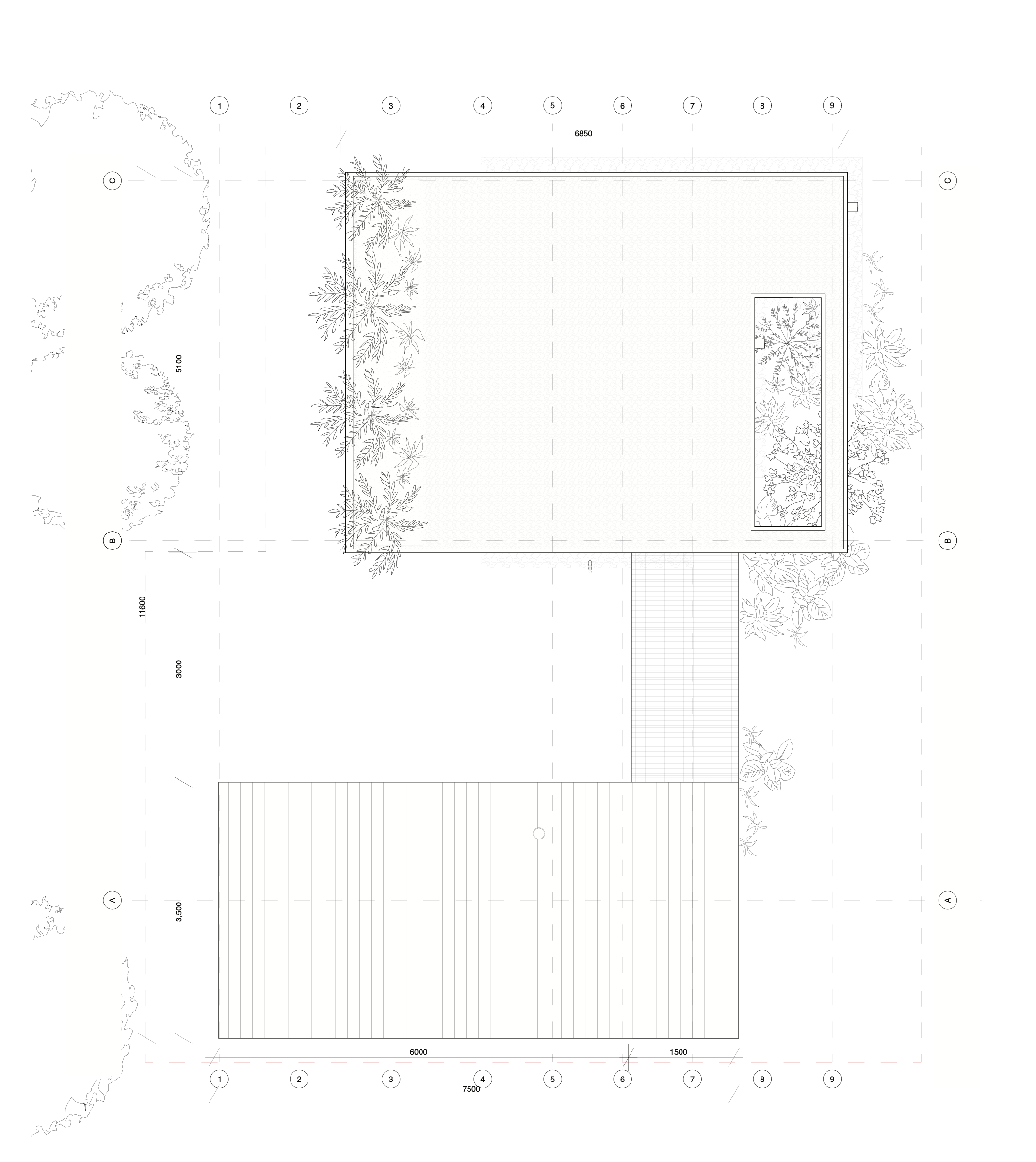 Architectural blueprint of a rectangular building with numbered grid lines, dimensions, and surrounding landscaping, including trees.