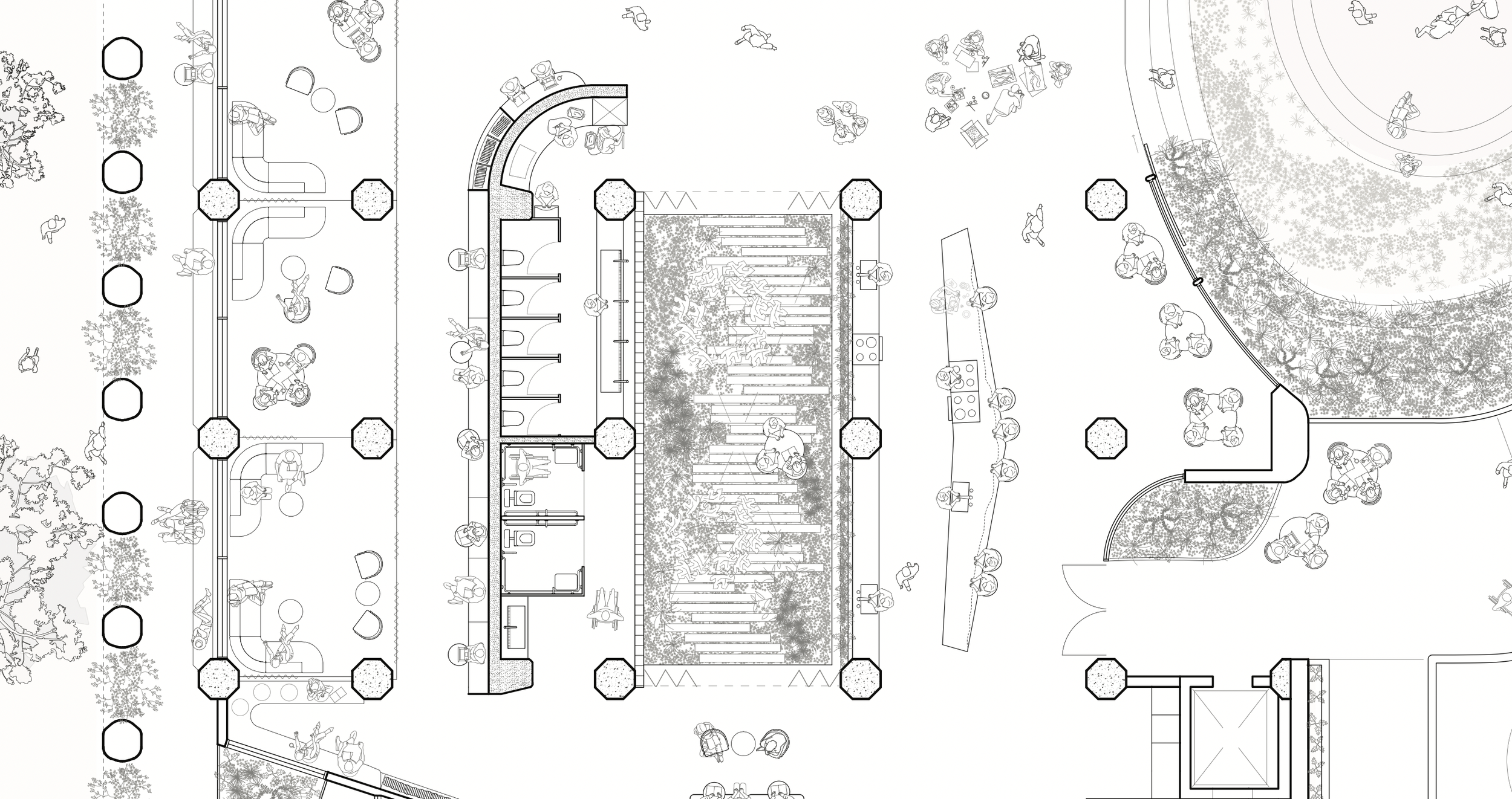 A detailed black and white architectural site plan showing outdoor and indoor spaces, trees, pathways, seating areas, and various furniture and fixtures.