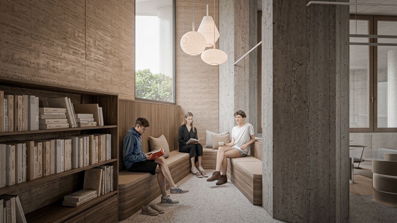 Interior of a modern lounge with three people sitting on a built-in wooden bench, reading or relaxing, next to a bookshelf filled with books. The space features large windows, hanging pendant lights, and minimalistic decor with concrete and wood surf