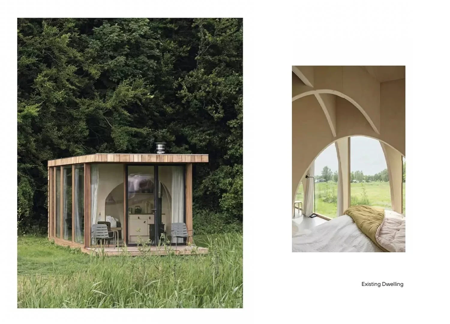 A small, modern glass and wood dwelling in a grassy outdoor setting, with an interior view showing a bed and large arched windows overlooking a green landscape.
