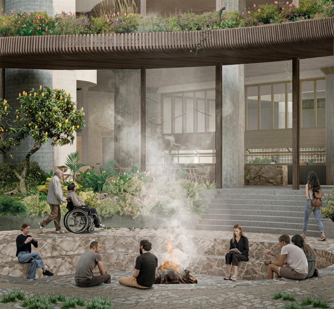 Group of people sitting around a bonfire outdoors in front of a modern building with large windows and a garden with flowers and trees.