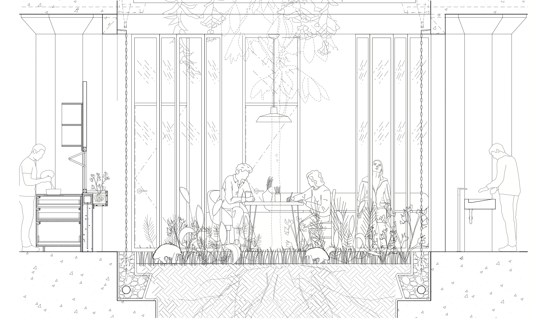 Architectural line drawing of a cross-section of a cafe or restaurant interior featuring people sitting at tables, planters with plants, a hanging light fixture, and staff preparing food.