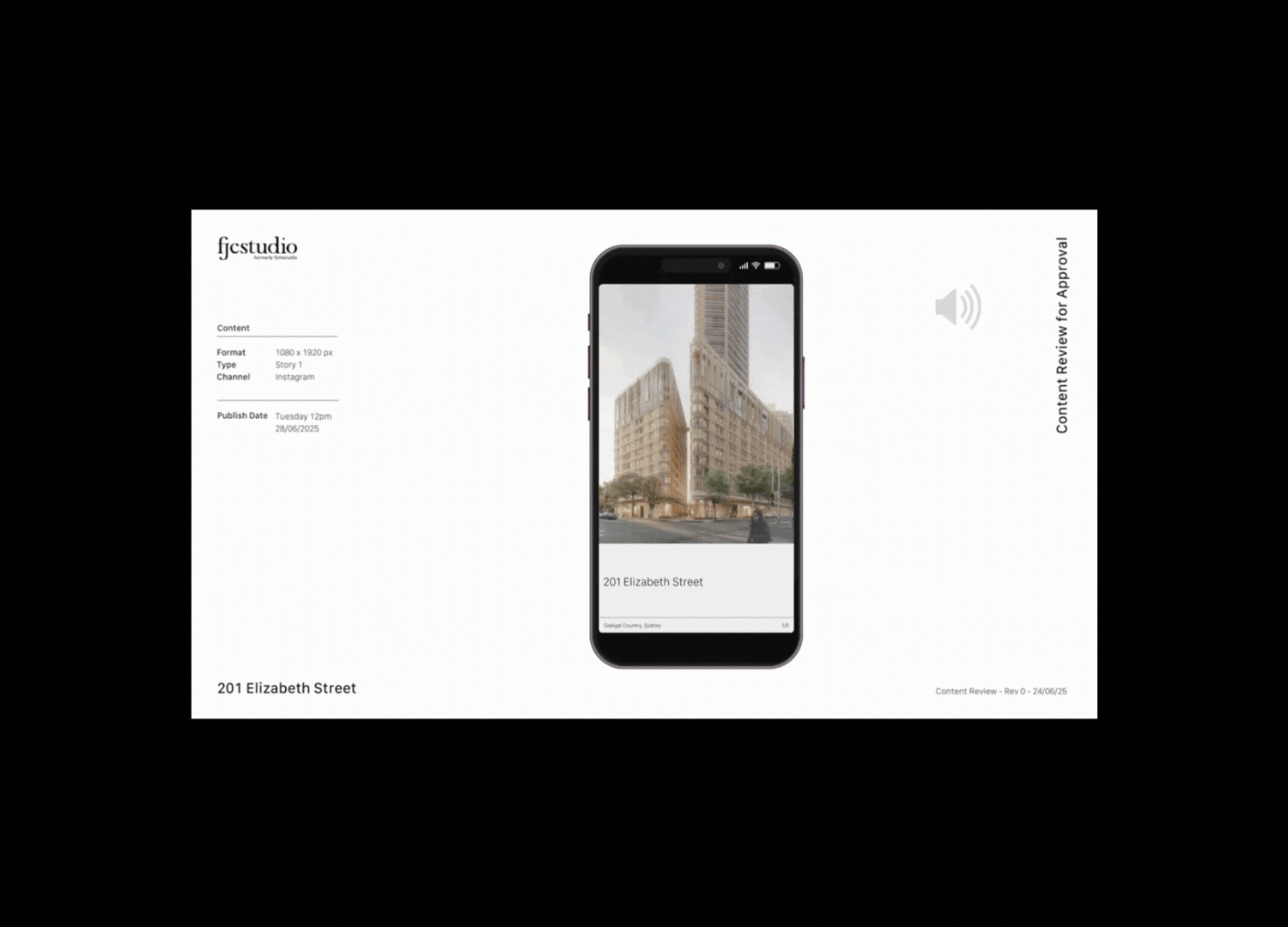 A presentation slide featuring a smartphone displaying a photo of large, modern buildings at 201 Elizabeth Street, with details about an Instagram content review, including format, type, channel, publish date, and location.