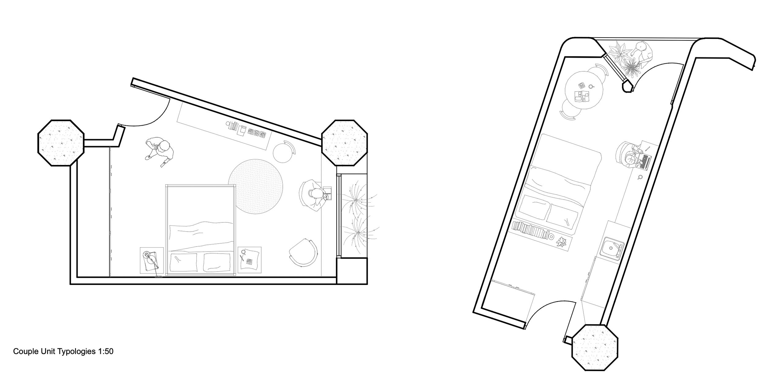 Line drawing of two apartment layouts, a square one and a rectangular one, each showing furniture and interior details, with small octagonal exterior structures at the corners.
