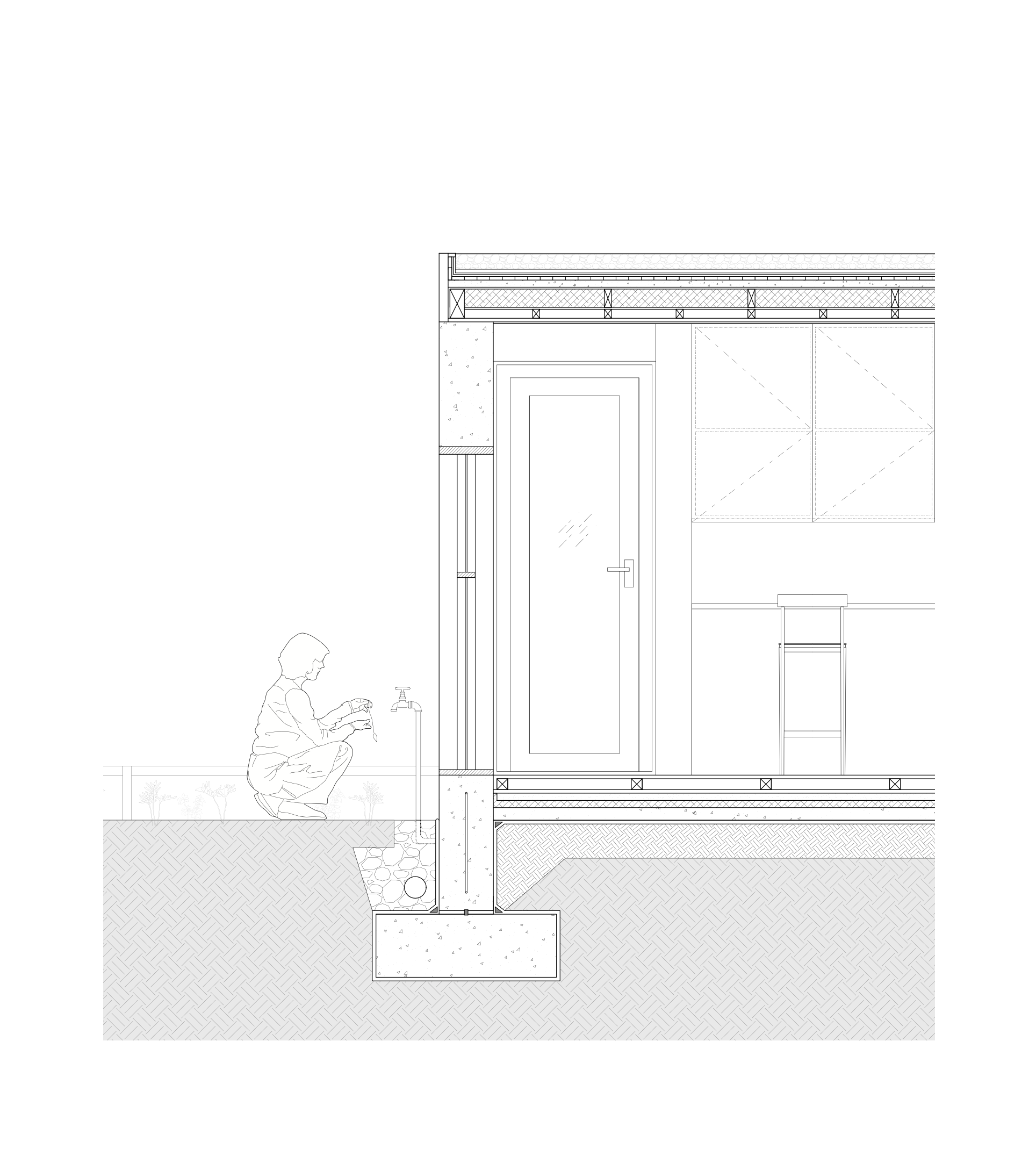 Architectural blueprint of a house exterior showing a door, window, and a person squatting near a faucet.
