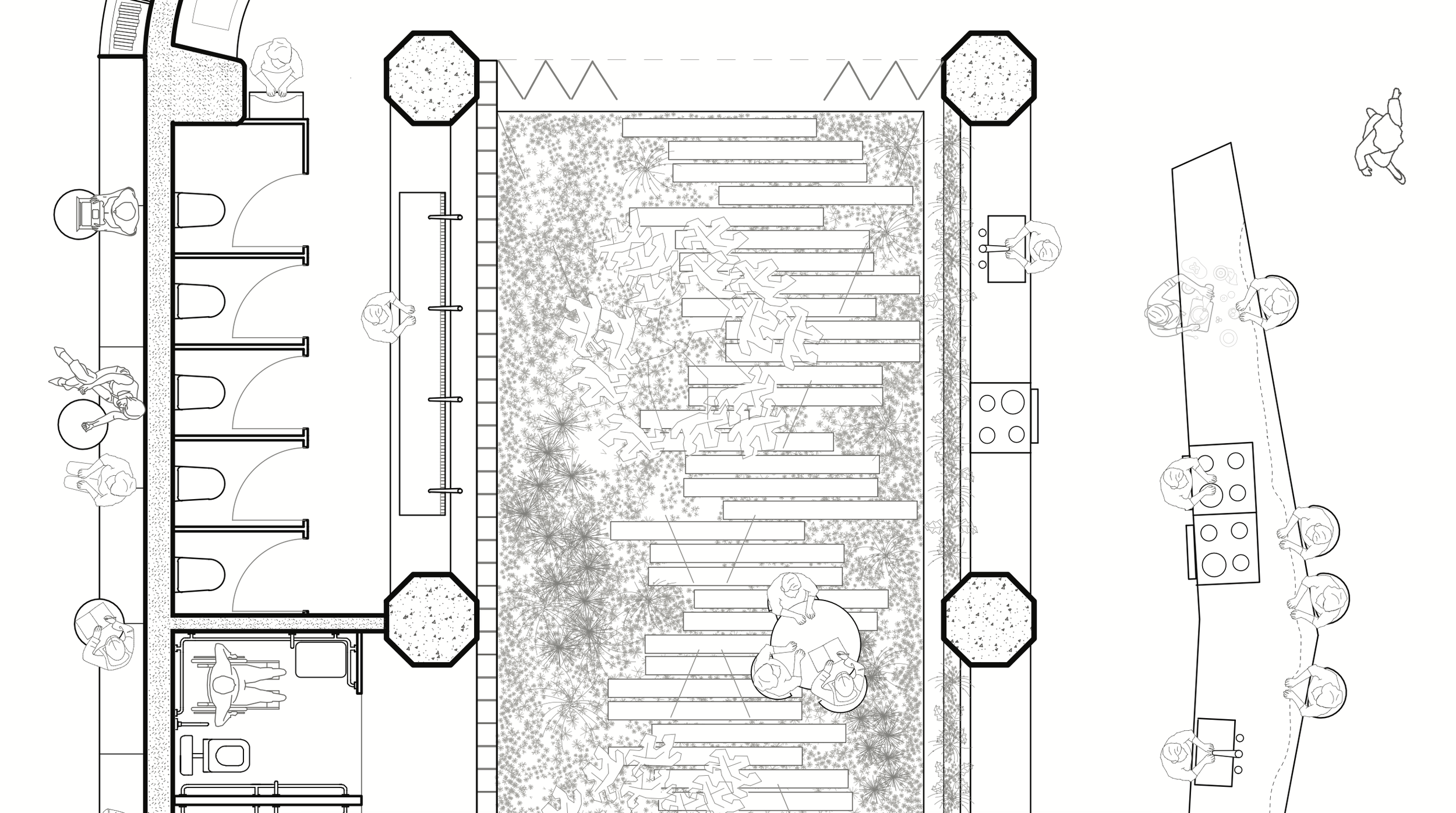 Architectural blueprint of a building with a landscaped central area, restrooms, and a kitchen, showing people engaging in different activities.