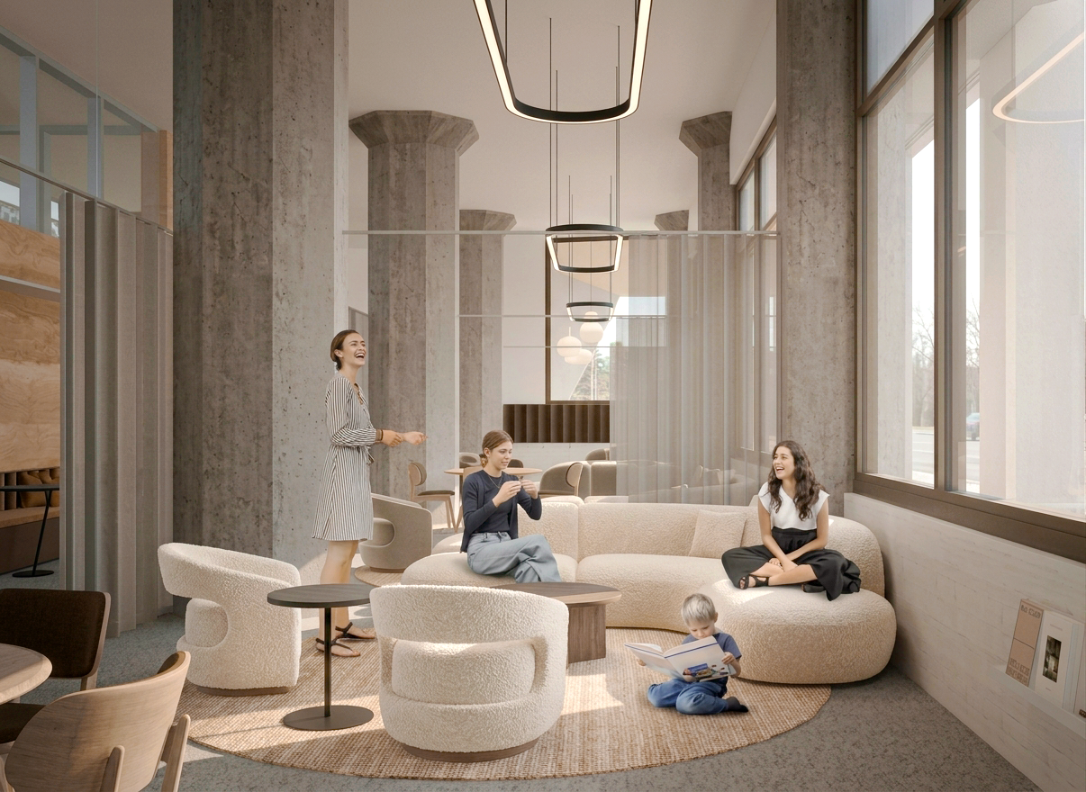 Modern lounge area with large windows, concrete columns, and stylish furniture. Four women and a young child are present; one woman is standing and laughing, another is sitting on a beige sofa with a phone, a woman sitting cross-legged on sofa is als