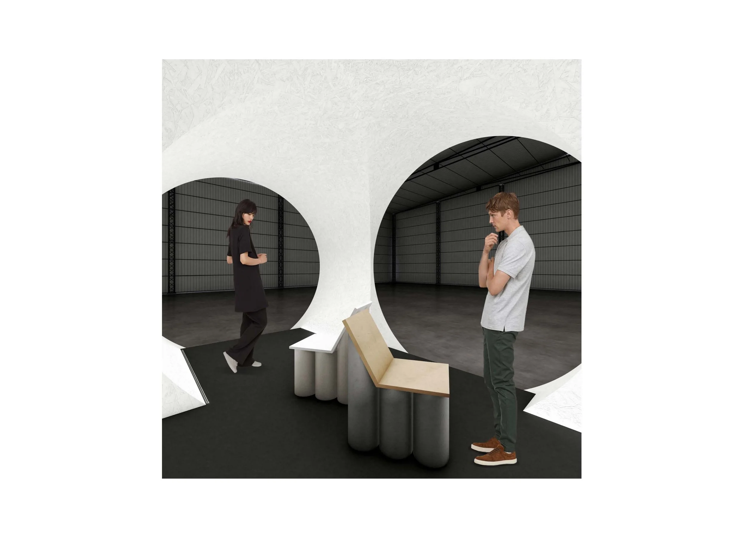 Two people, a woman and a man, standing in an industrial-style room with large circular openings in the wall, engaging in a conversation or activity. The woman is dressed in black, and the man is wearing a light gray shirt and brown shoes.