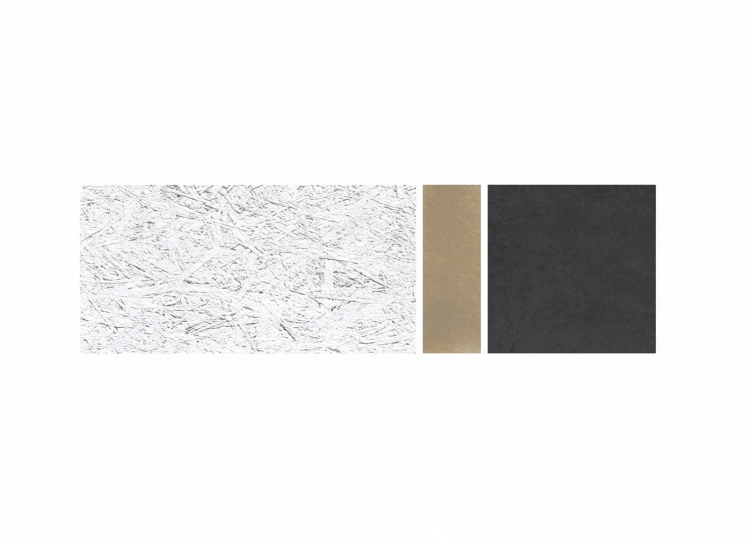 Three rectangular samples of different textures and colors: white textured surface on the left, beige smooth surface in the middle, and black smooth surface on the right.