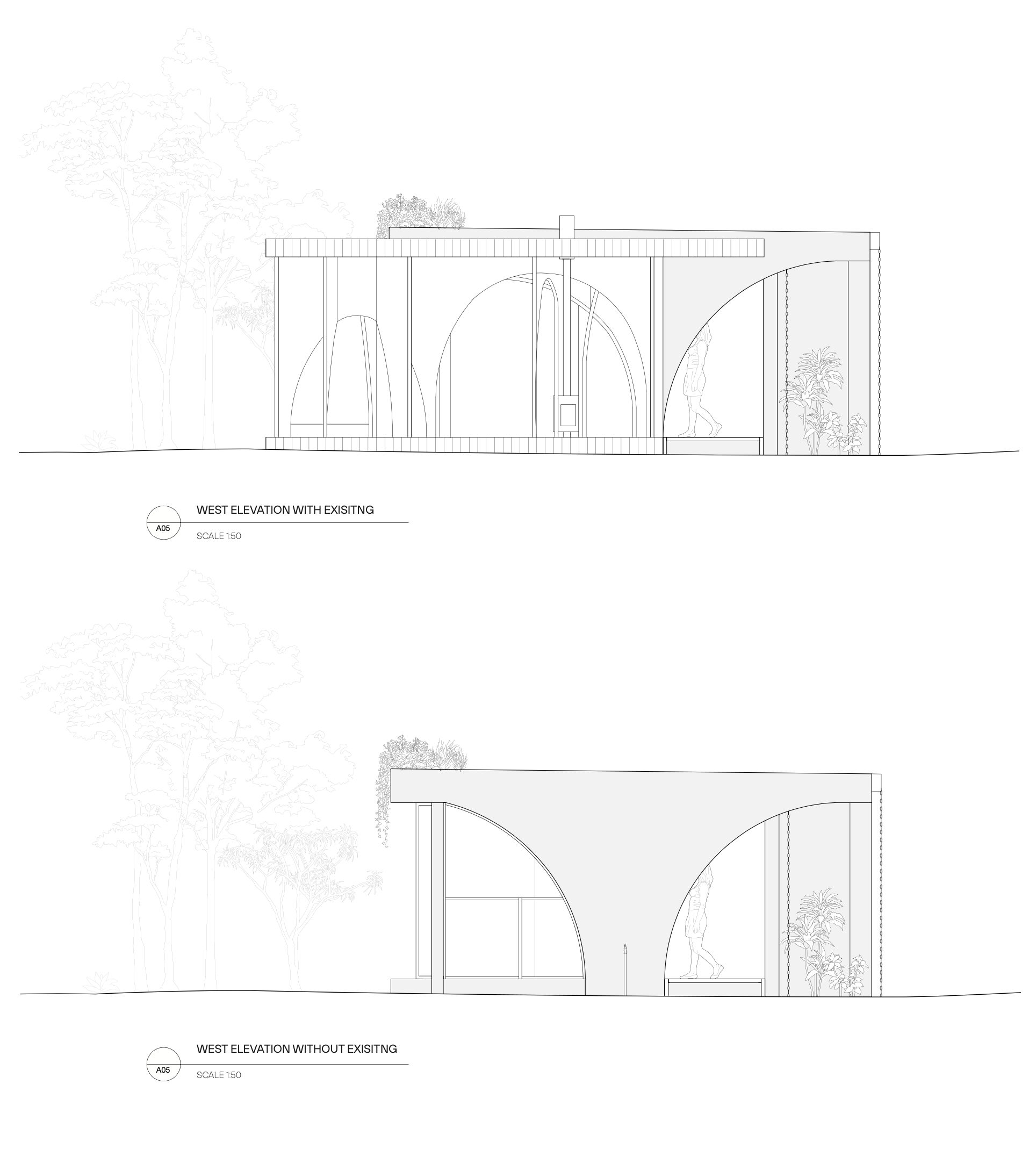 Architectural blueprint of a building's west elevation, showing existing structures with detailed line drawings of trees and plants outside, and a person walking inside.